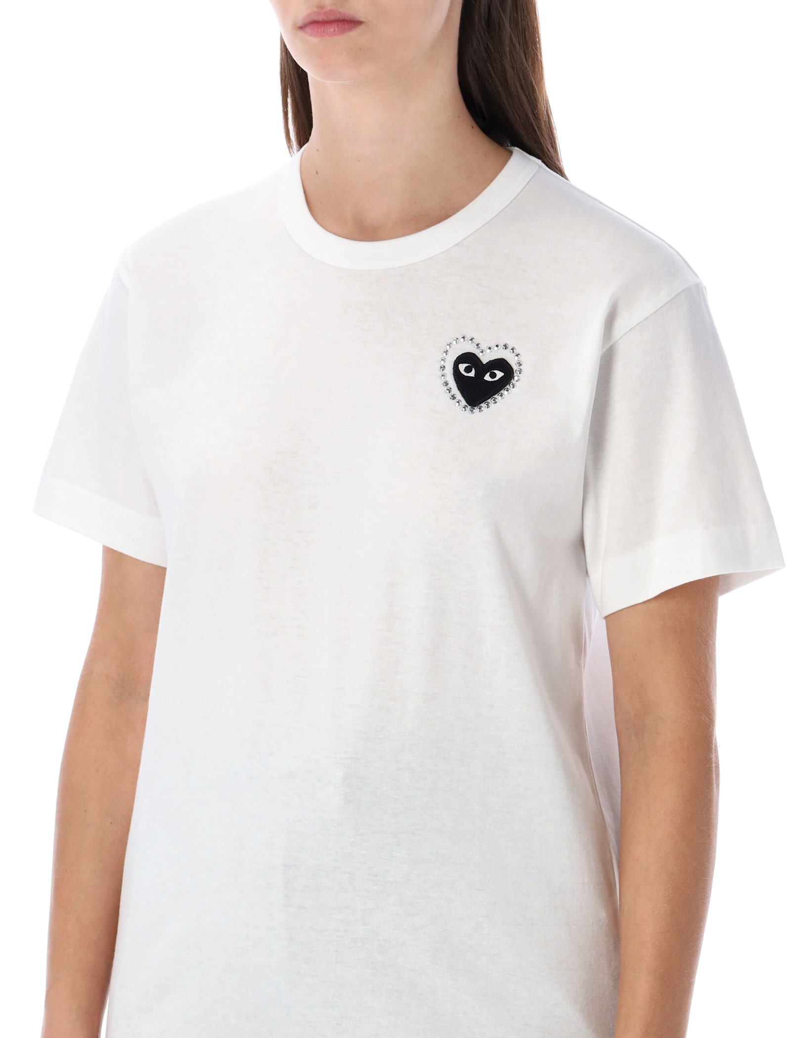 Comme Des Garçons Play White Cotton T-shirt With Crystal Heart In White