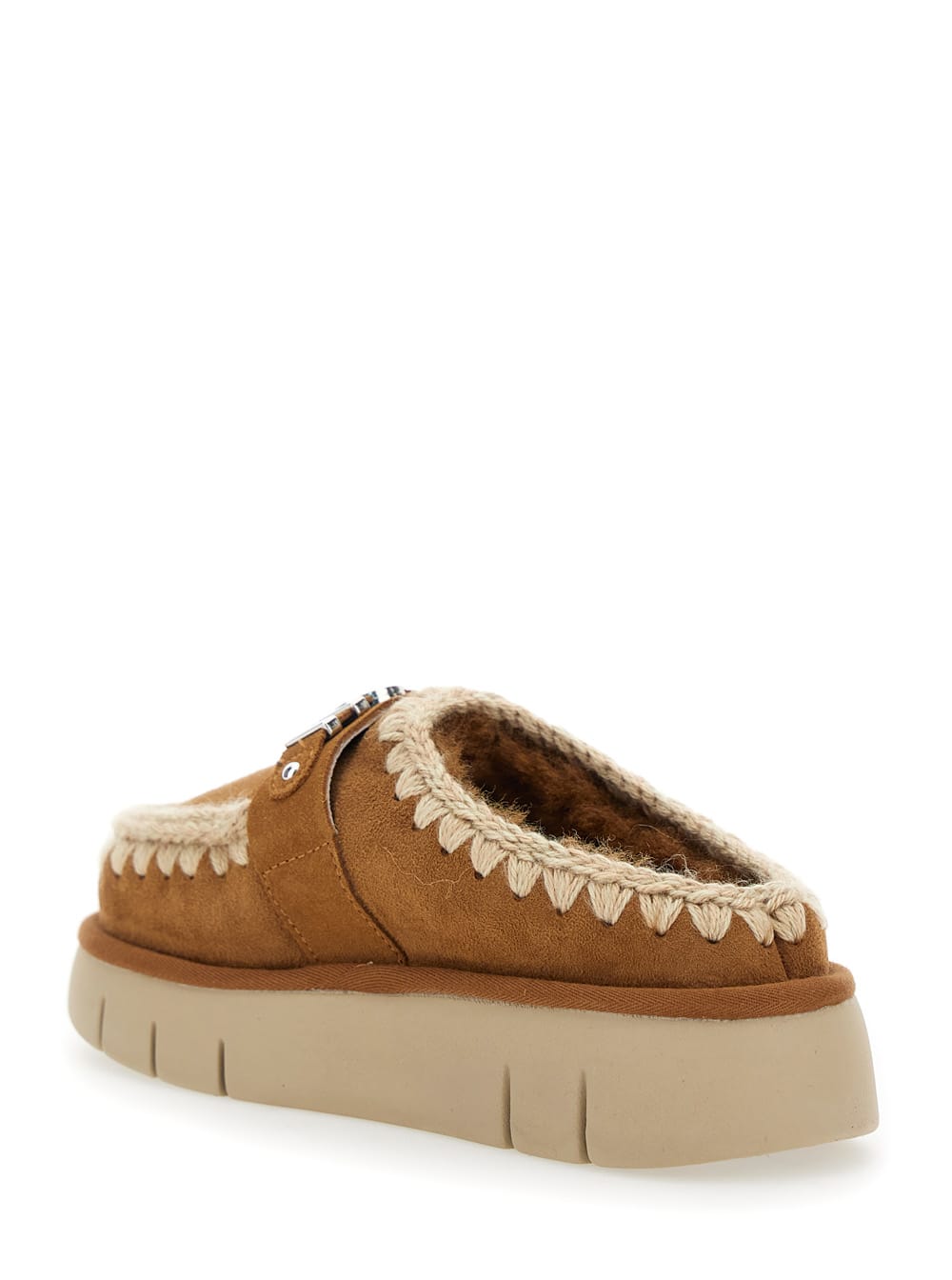 Mou Bounce Beige Mules With Logo Lettering And Open Rear In Leather Woman In Brown
