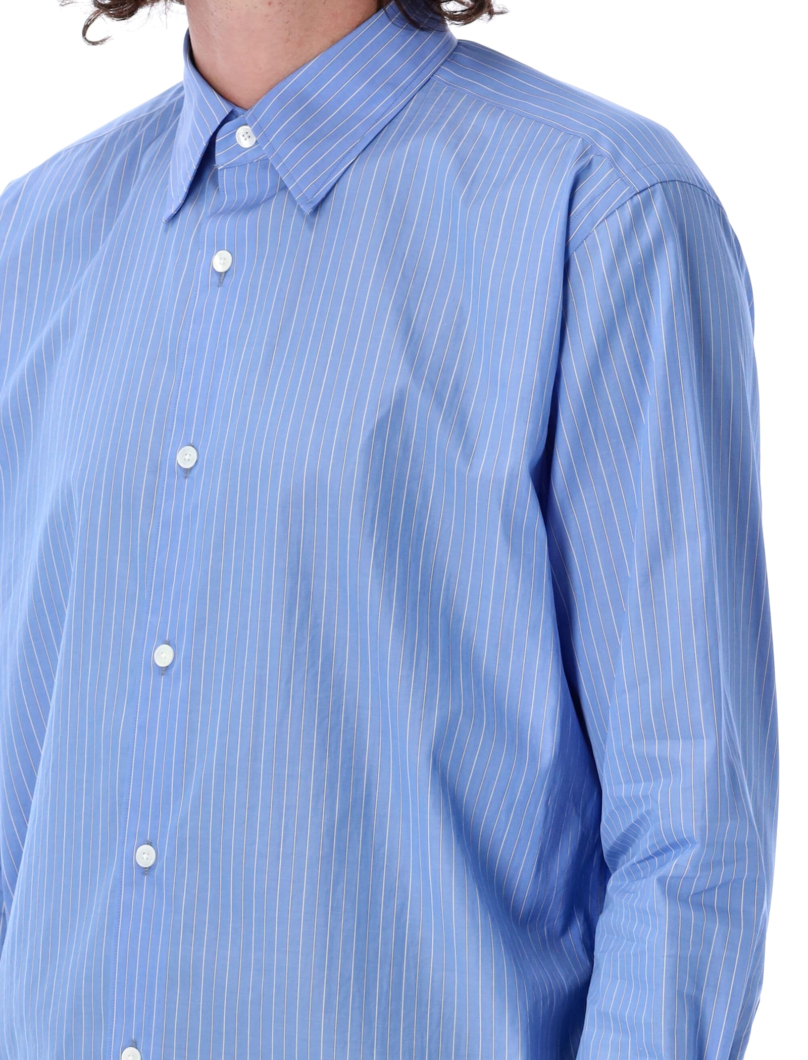 Shop Auralee Suvin High Count Cloth Stripe Shirt In Sax Blue