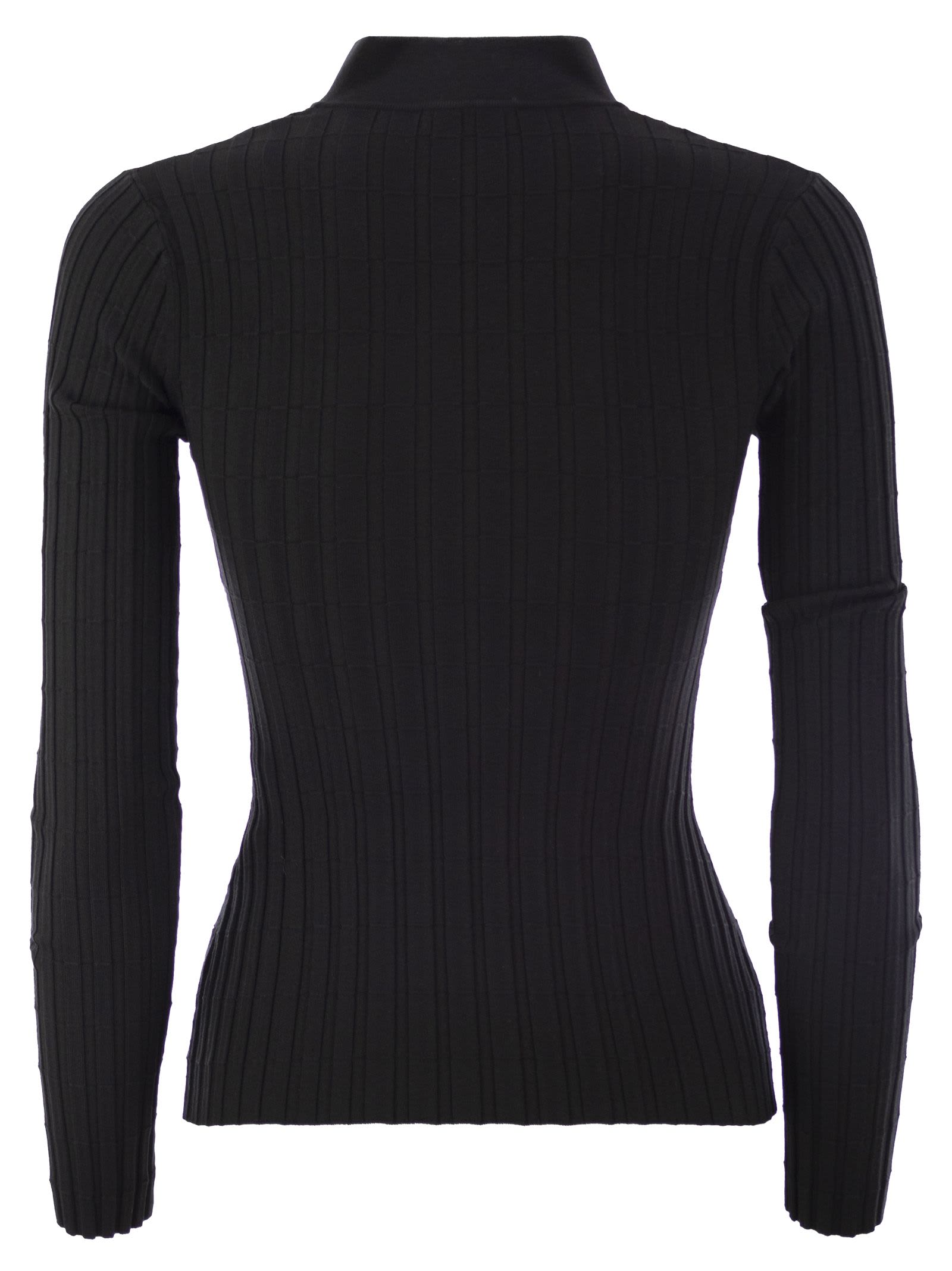 Shop Elisabetta Franchi Ribbed Viscose Sweater With Button Placket  In Black