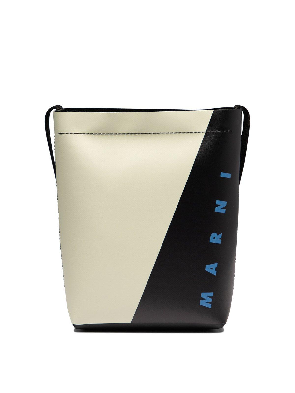 Shop Marni Logo Printed Bicolour Crossbody Bag In White