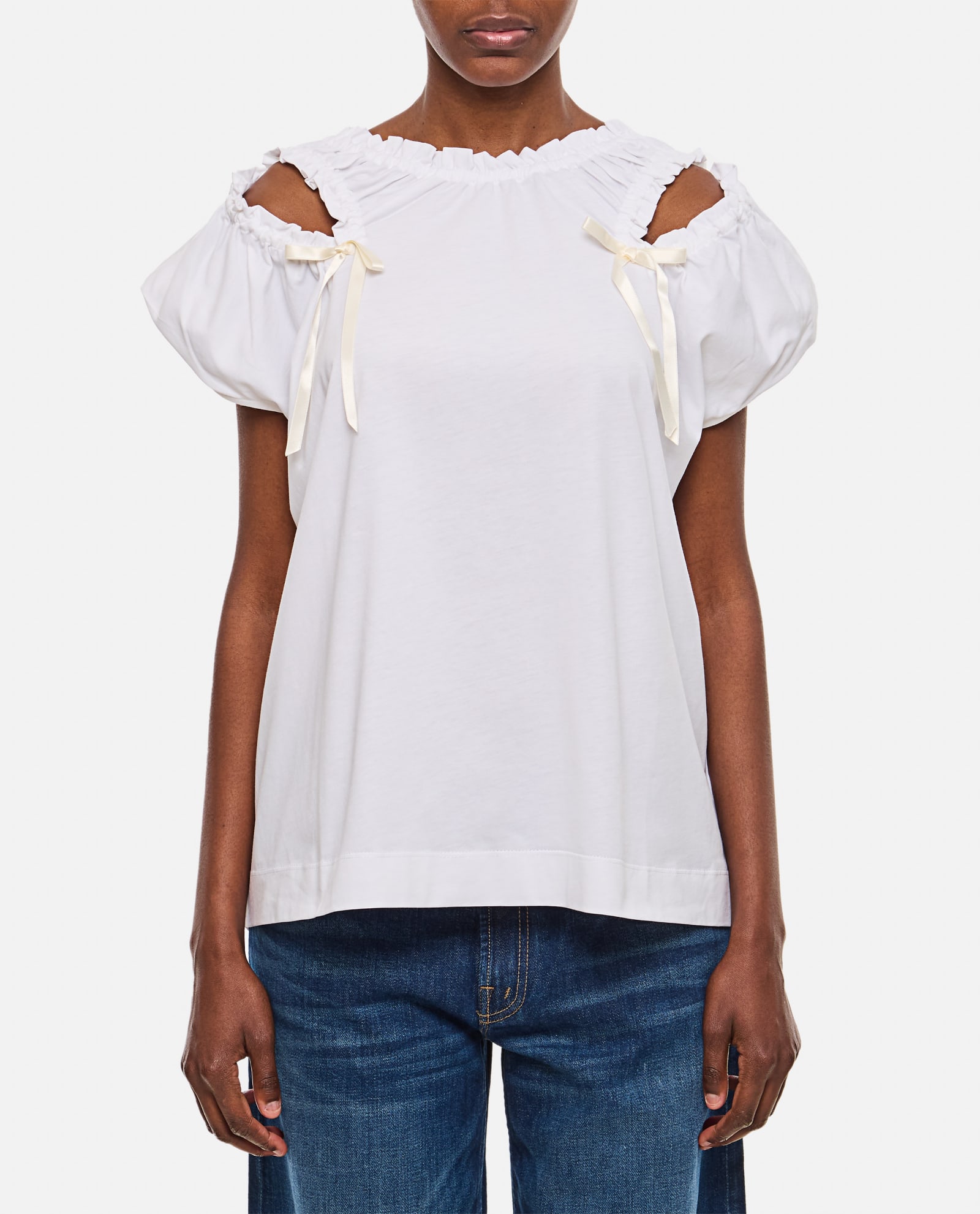 Shop Simone Rocha Cap Sleeve T-shirt W/ Shoulder Bite &amp; Bow In White