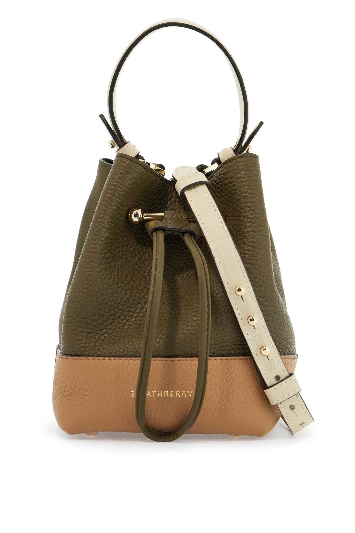 Khaki And Caramel Calf Leather Bag With Drawstring Closure And Golden Finishes