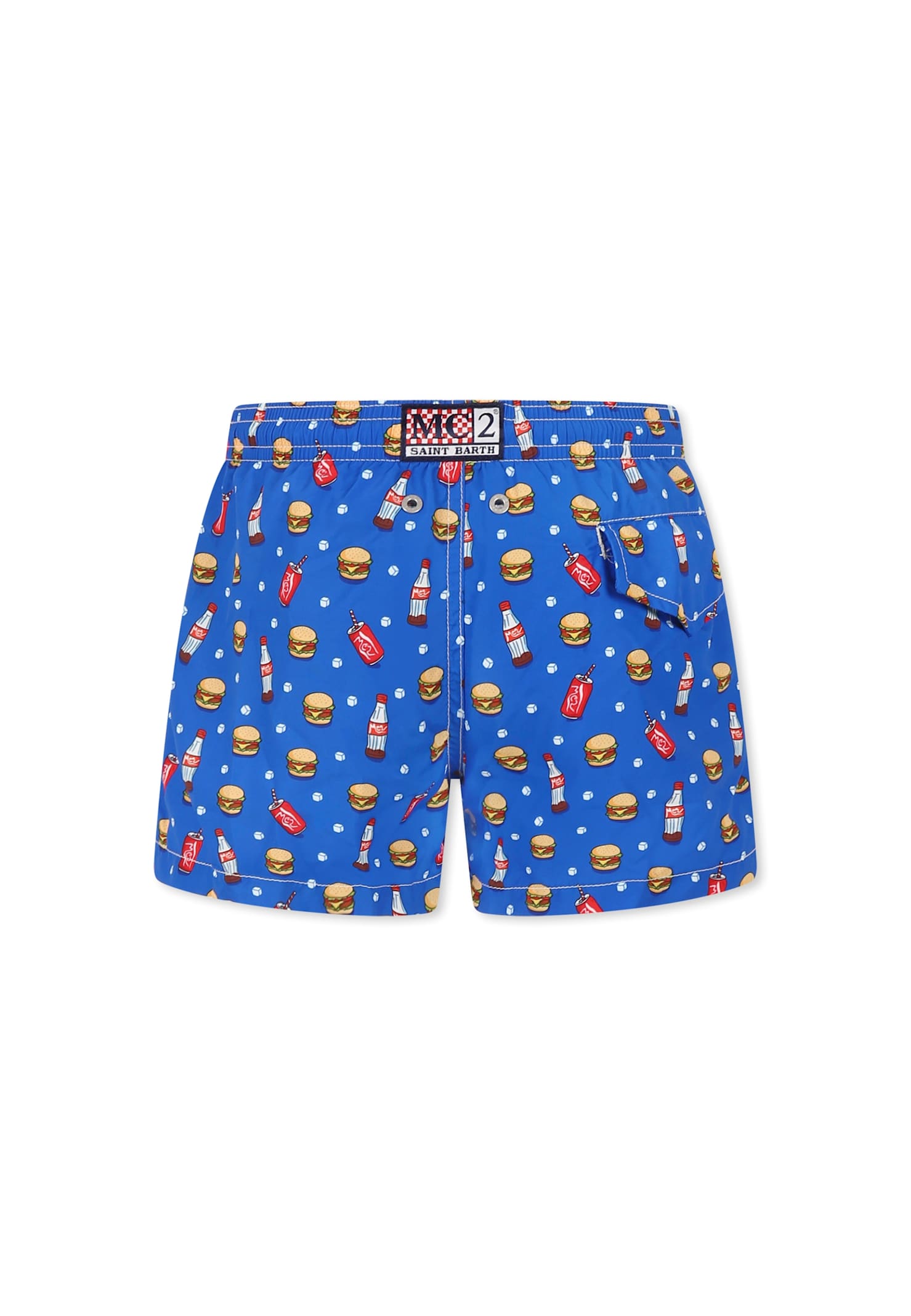 MC2 SAINT BARTH LIGHT BLUE SWIM SHORTS FOR BOY WITH HAMBURGER AND COLA PRINT