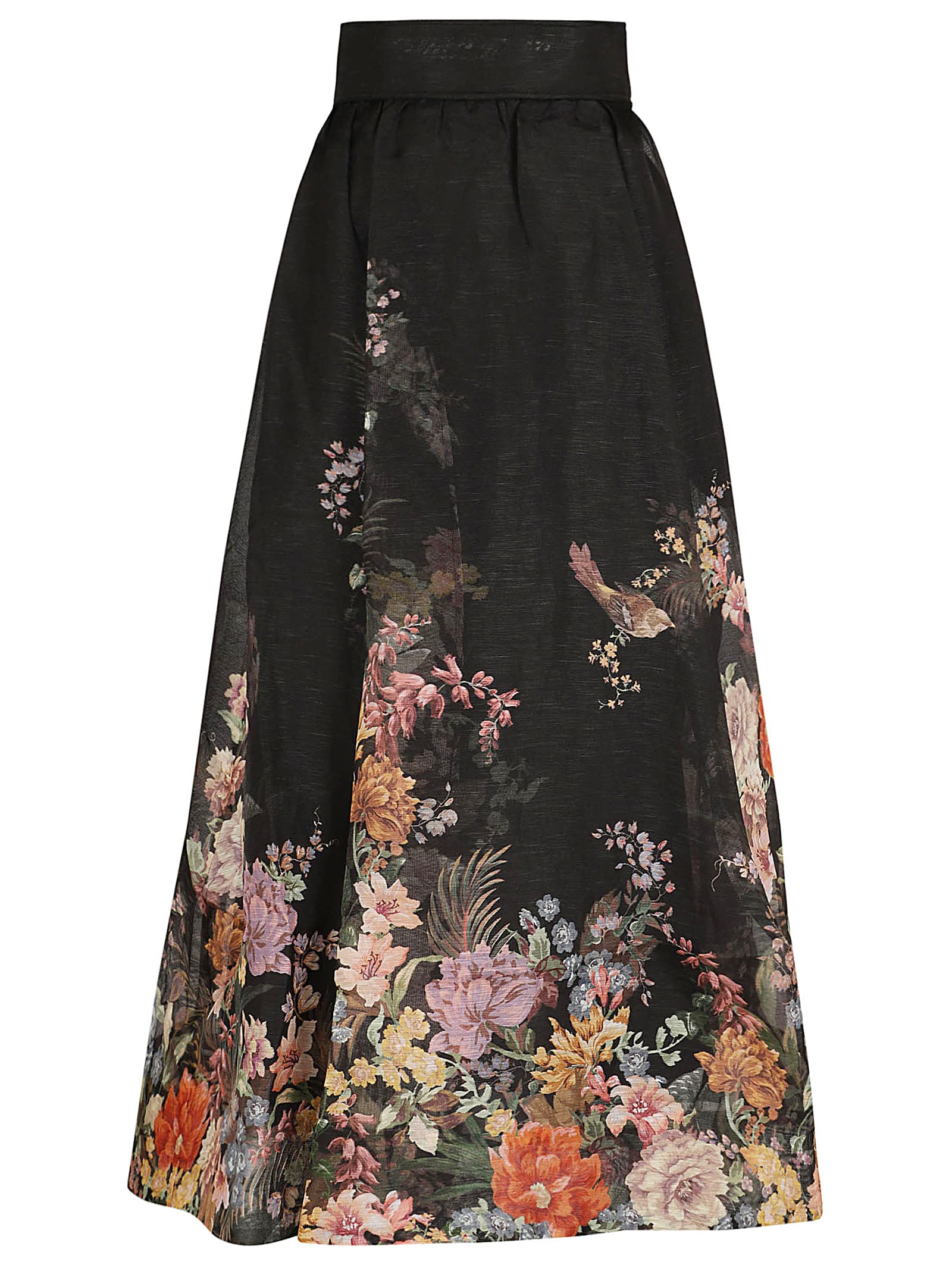 Zimmermann Pavilion Gathered Midi Skirt In Blkmlfl Black Multi Floral