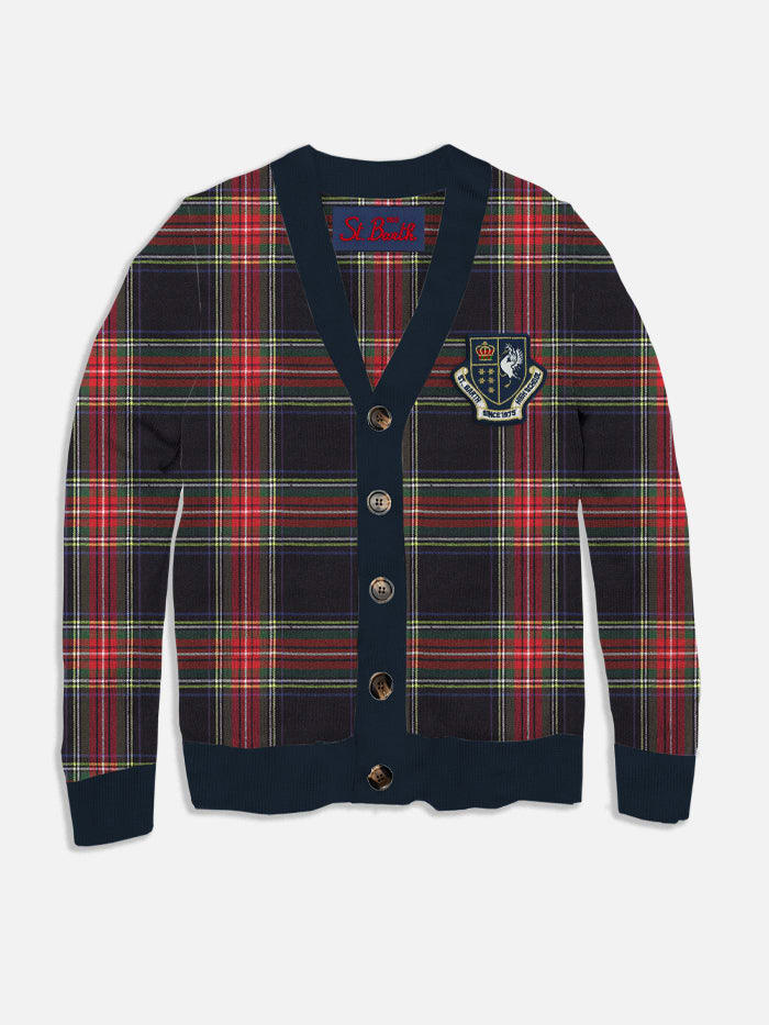 Mc2 Saint Barth Tartan Knitted Cardigan With Patch In Blue
