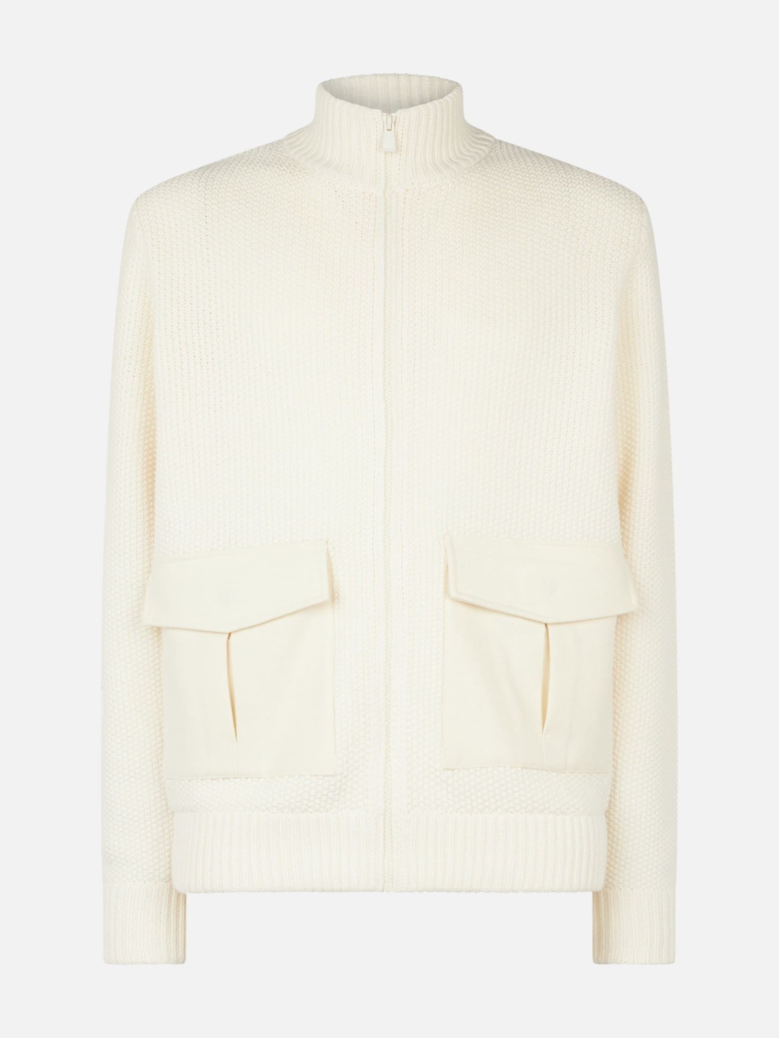Mc2 Saint Barth Man Knitted Bomber With Felt Pockets In White
