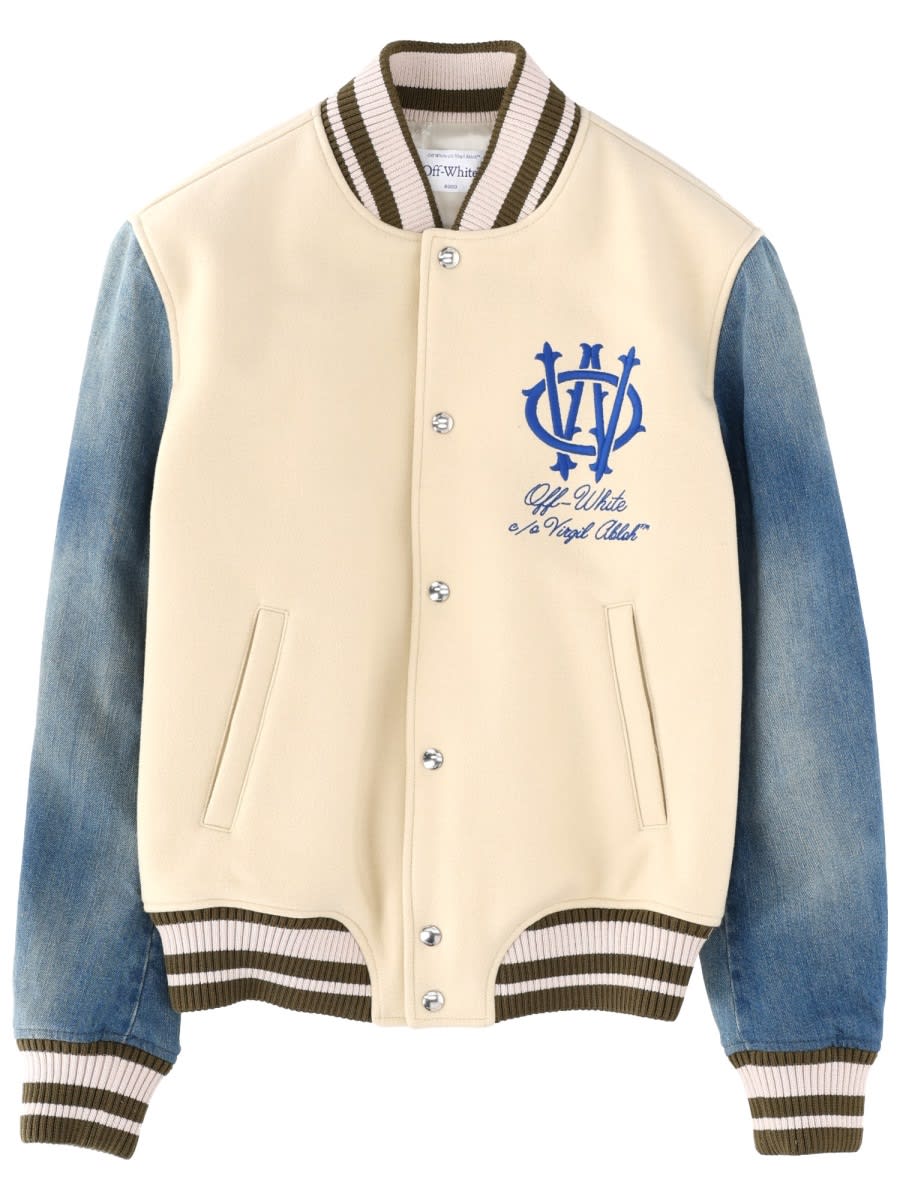 Off-white Gothic Wool Denim Varsity Puffer Jackets White In Multi