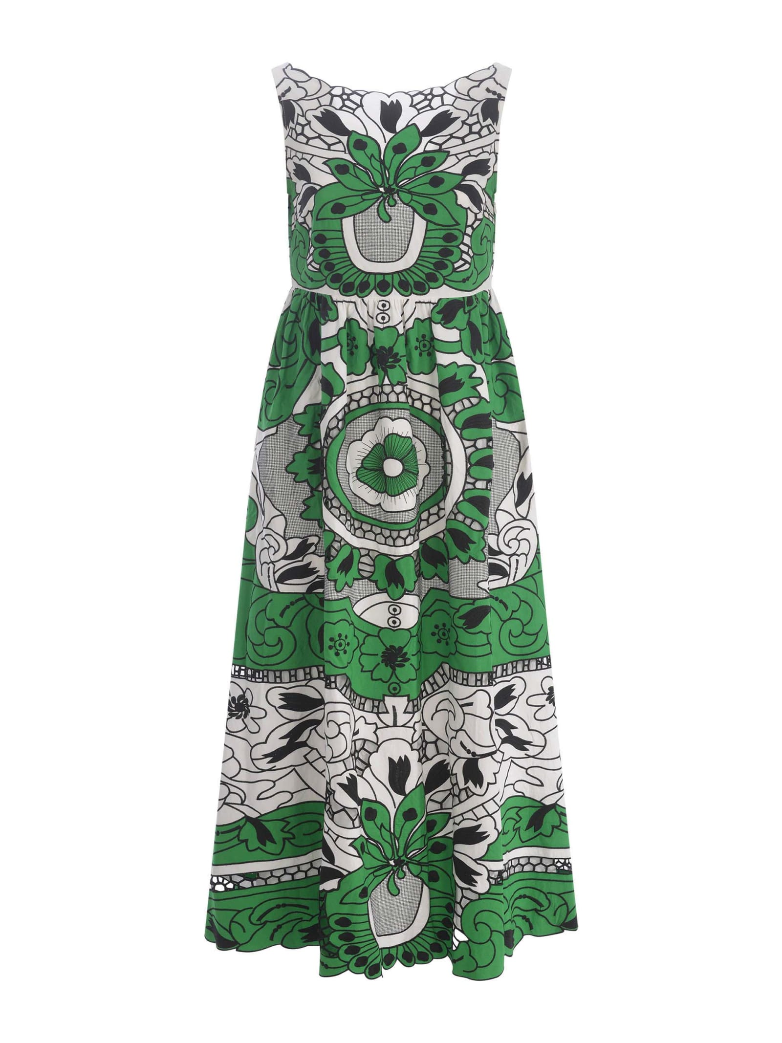 RED Valentino White And Green Cut-out Flower Embroidered Dress