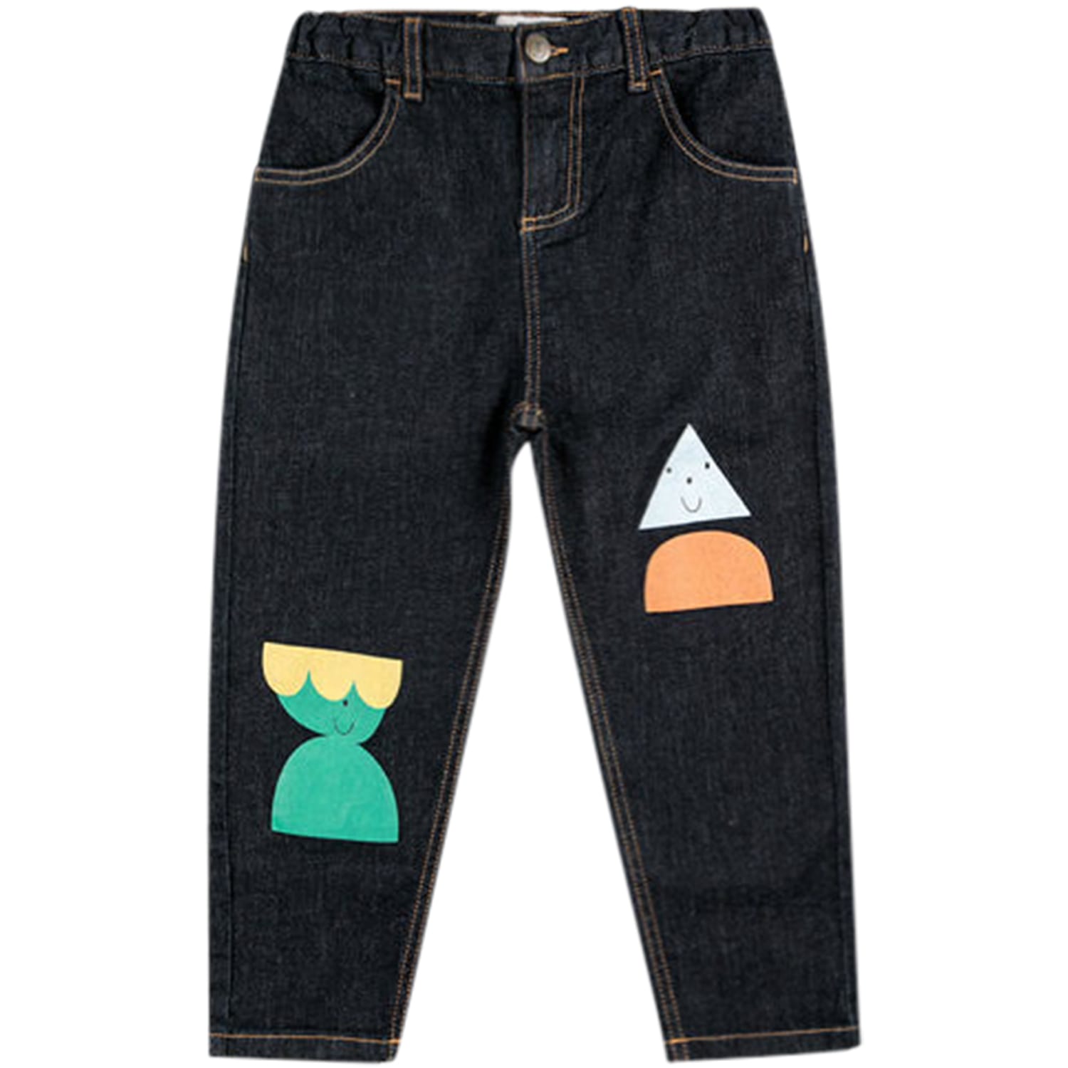 BOBO CHOSES BLUE JEANS FOR KIDS WITH GEOMETRIC PRINTING AND LOGO