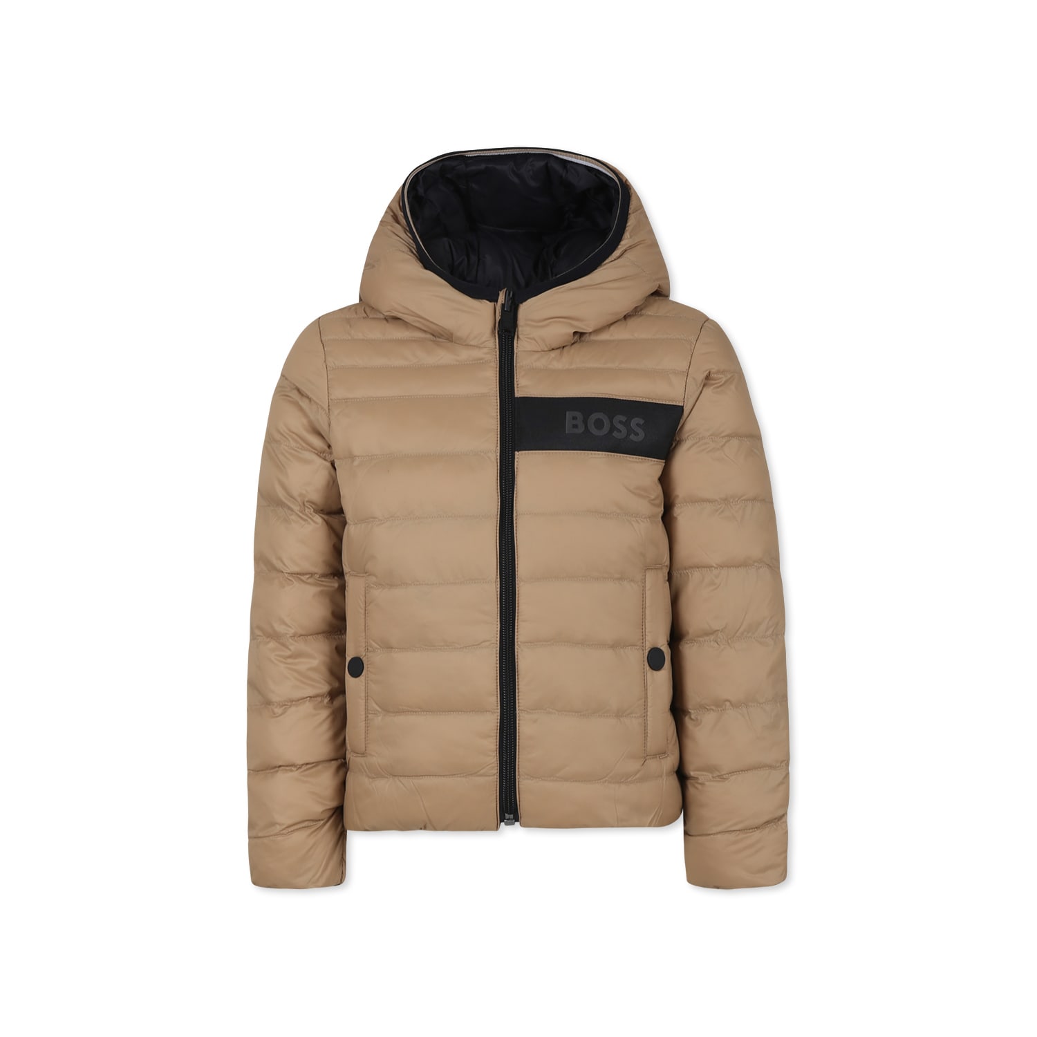 Hugo Boss Beige Reversible Down Jacket For Boy With Logo In Beige