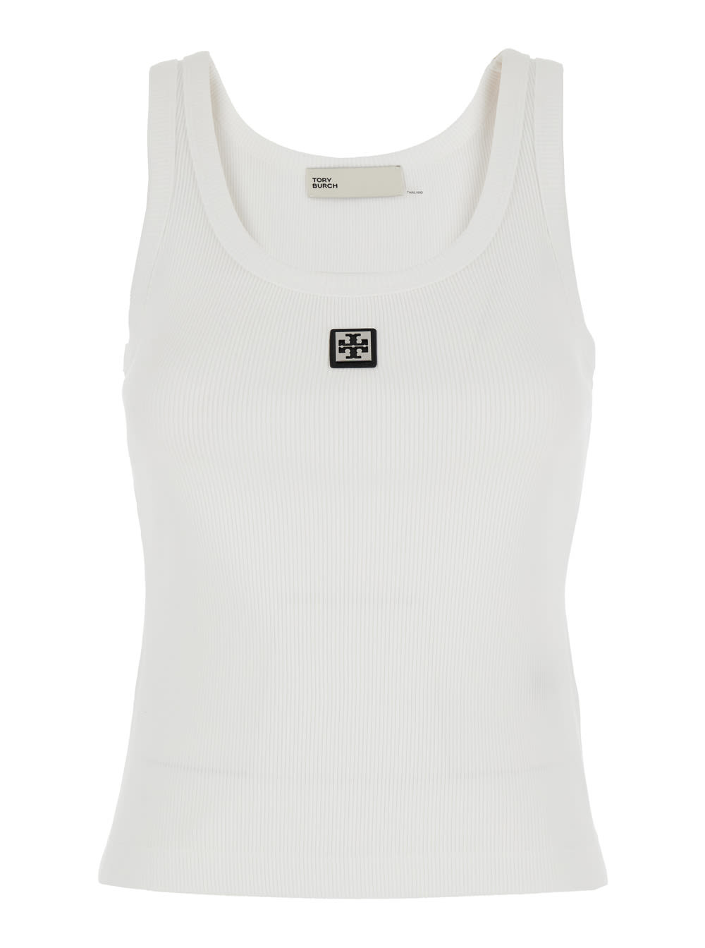 White Sleeveless Top With Round Neck And Logo Embroidery On The Front In Cotton Woman
