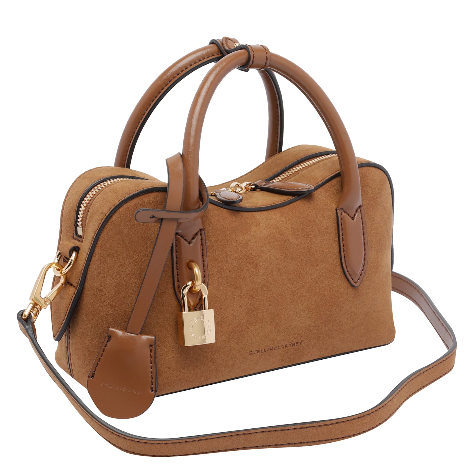 Stella Mccartney Suede Shoulder Bag With Top Handle And Padlock Detail In Neutral