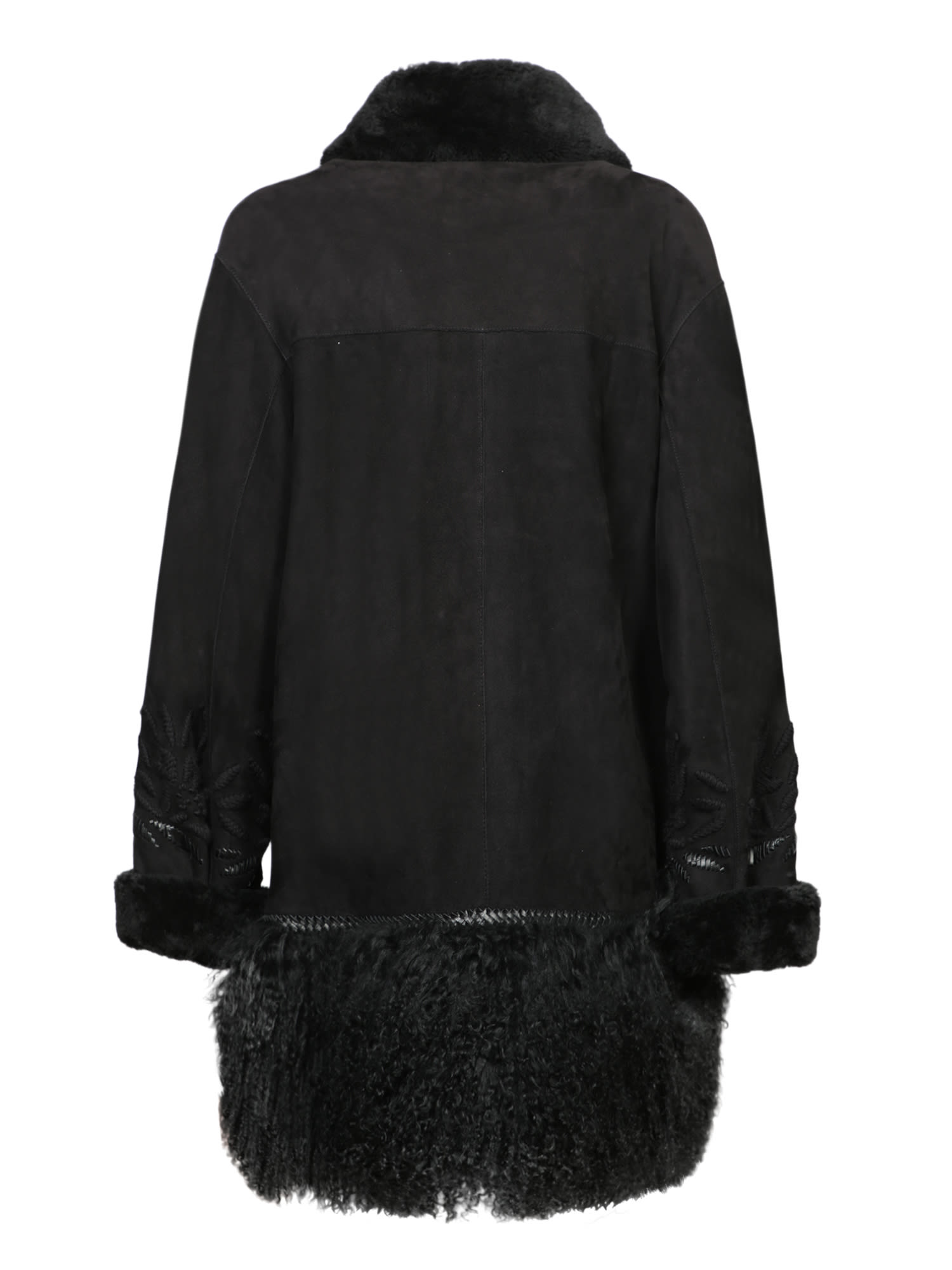 Ermanno Scervino Black Shearling Embroidered Coat In Black