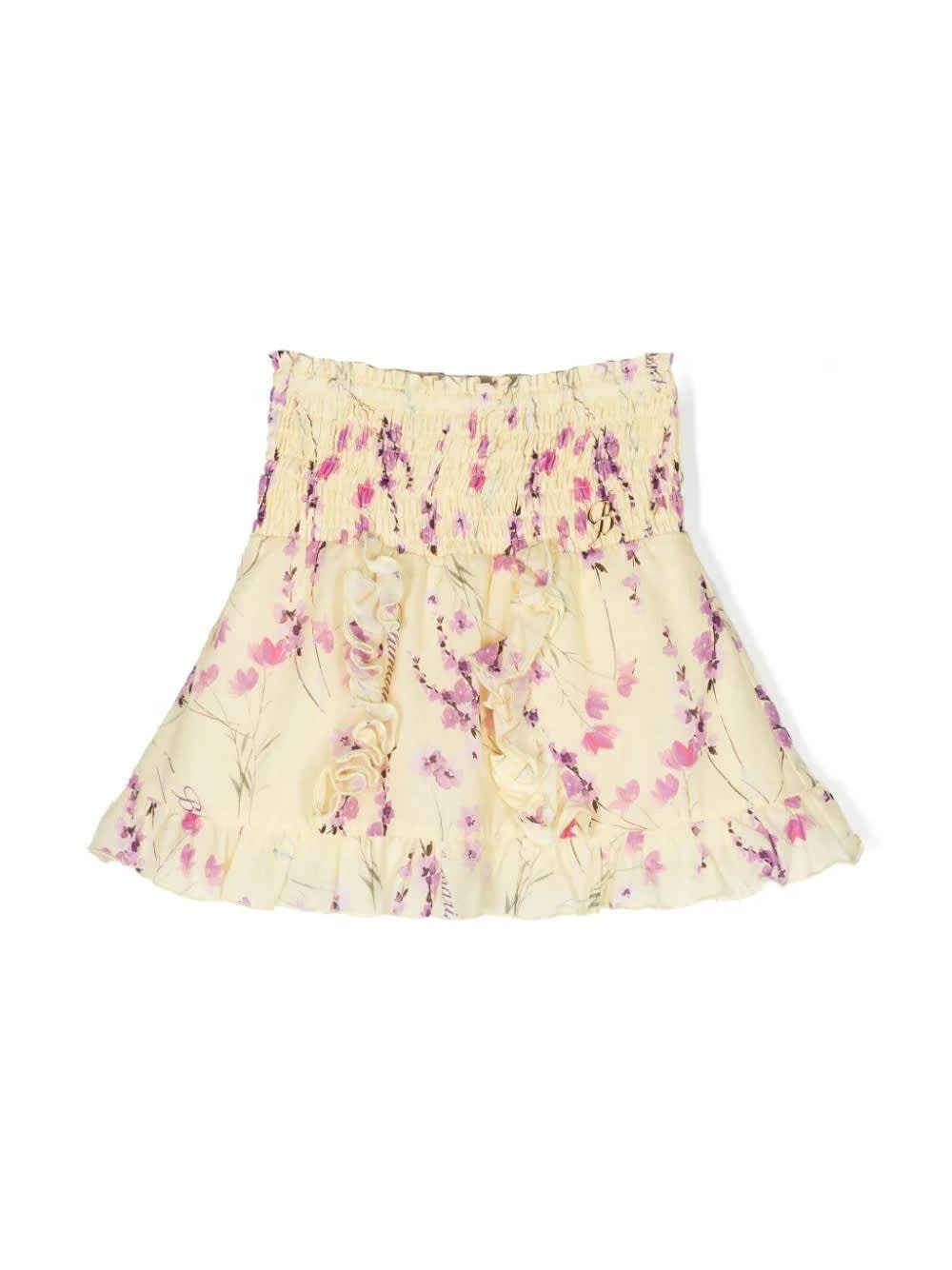 Shop Miss Blumarine Pastel Yellow Miniskirt With Ruffles And Floral Print