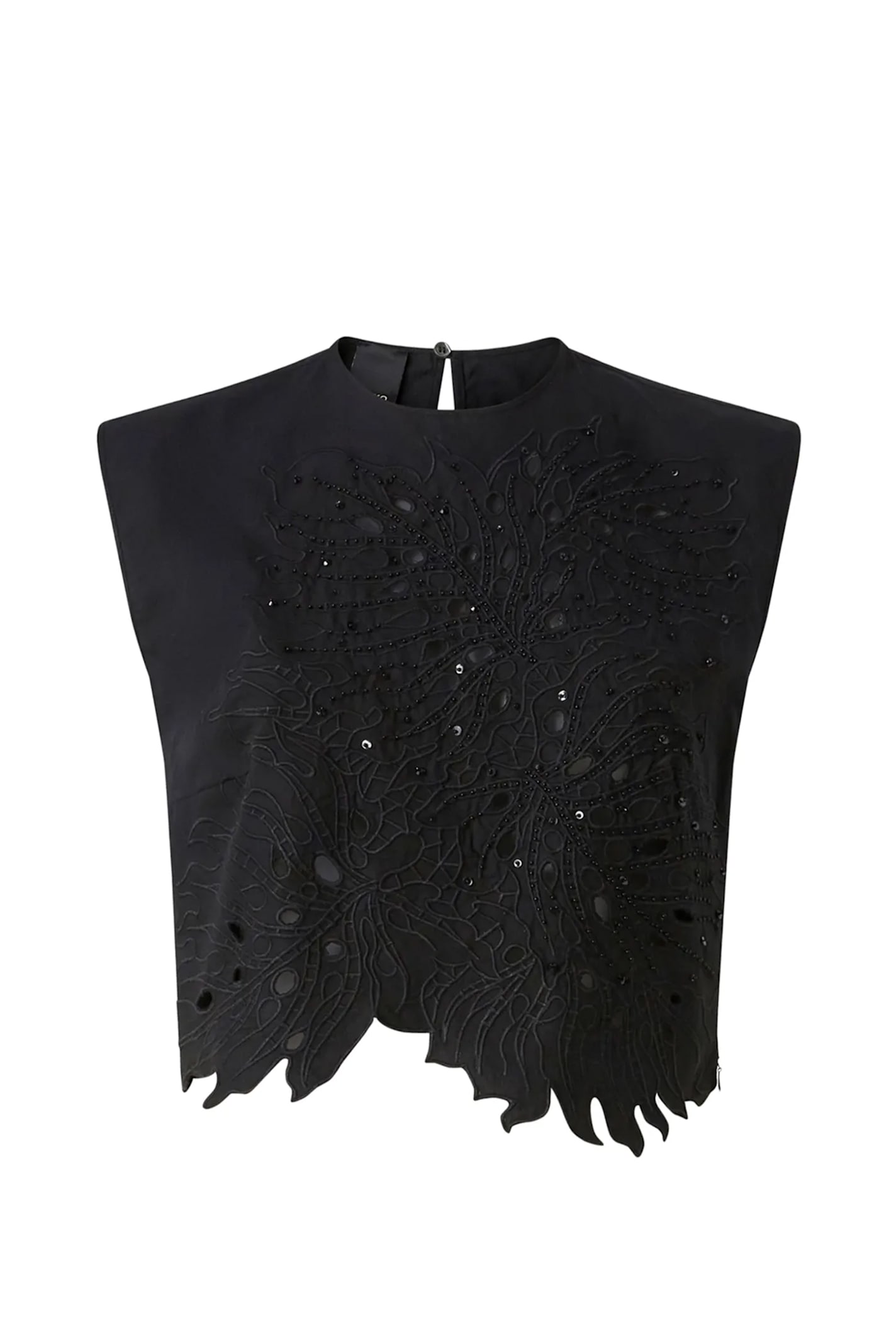 Pinko Crop Top With Openwork Embroidery And Crystals In Black