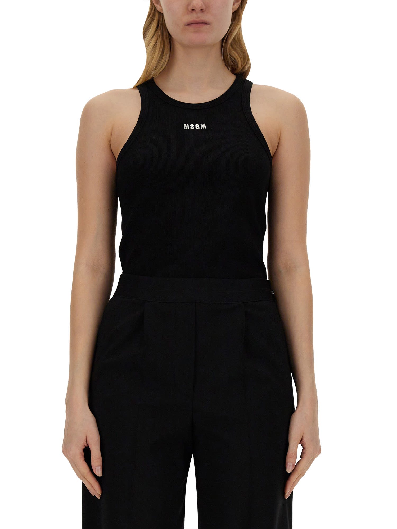 Msgm Logo Stretch Cotton Tank Top In Nero