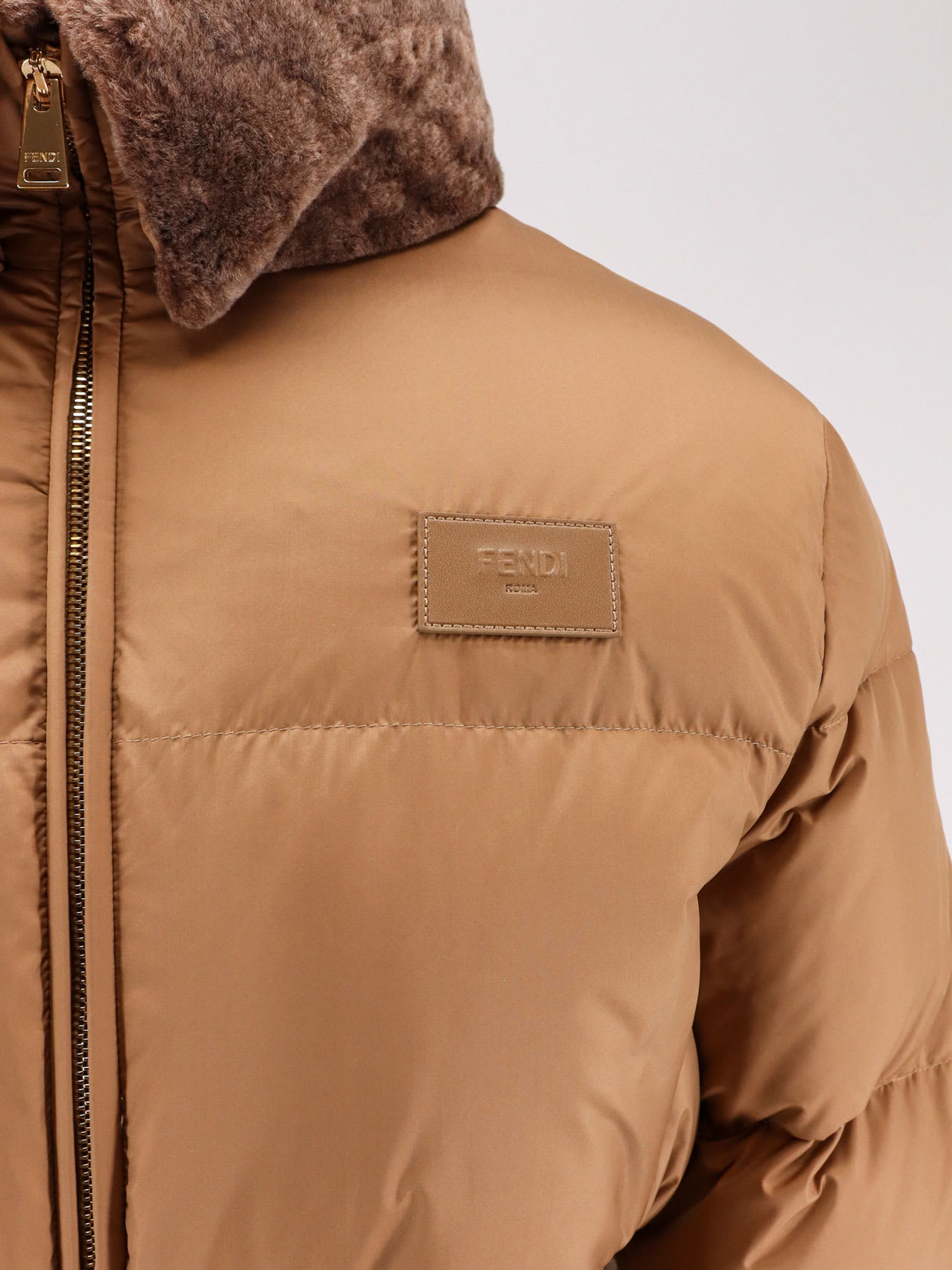 Fendi Women Cropped Down Jacket With Shearling Lining In Brown