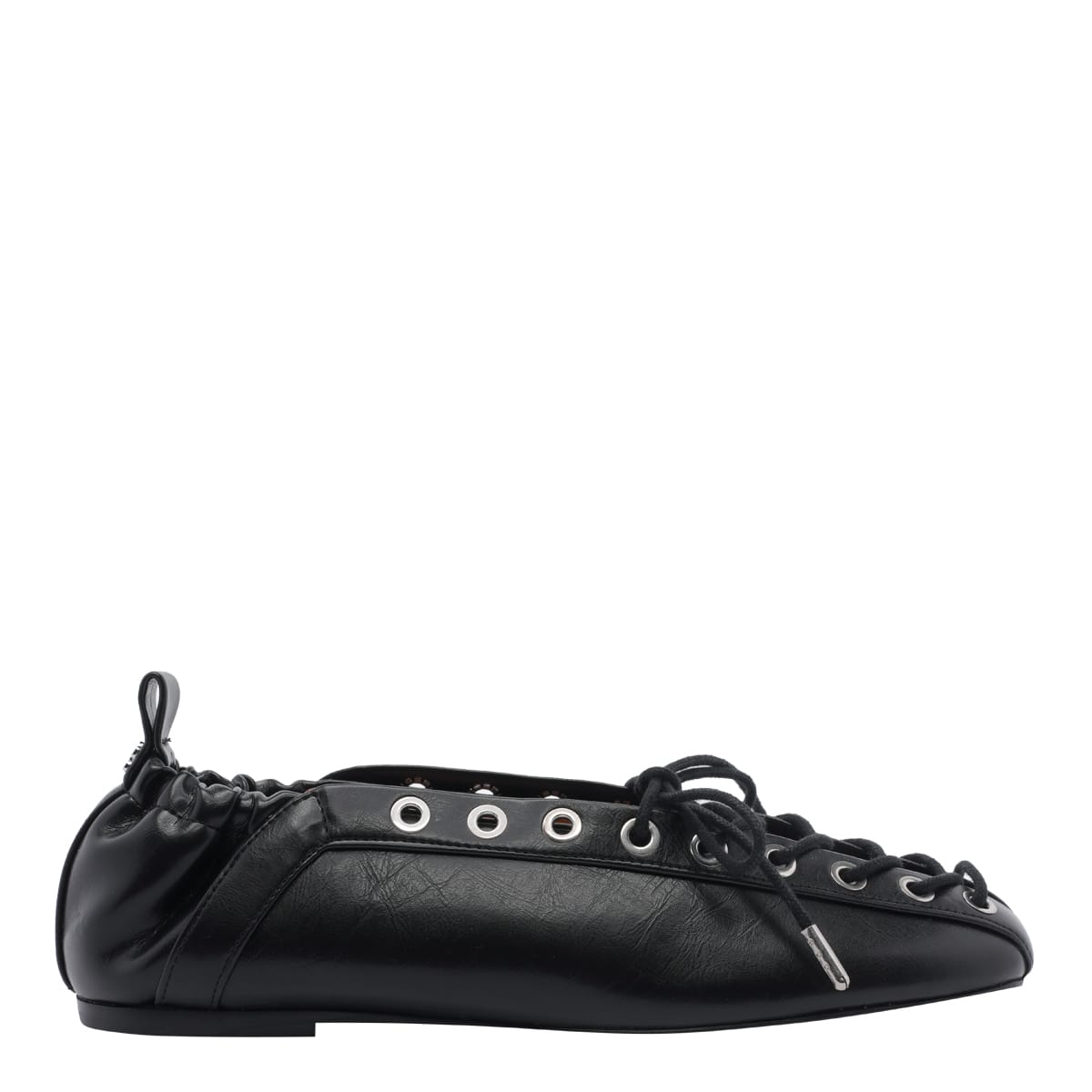 Ganni Black Lace-up Ballerinas With Metal Eyelets And Elasticized Ankle In Eco-leather Woman In Black