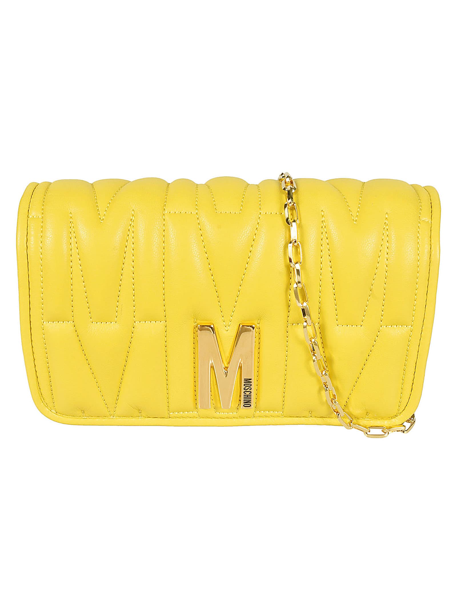 Shop Moschino M Plaque Quilted Flap Chain Shoulder Bag In 0027