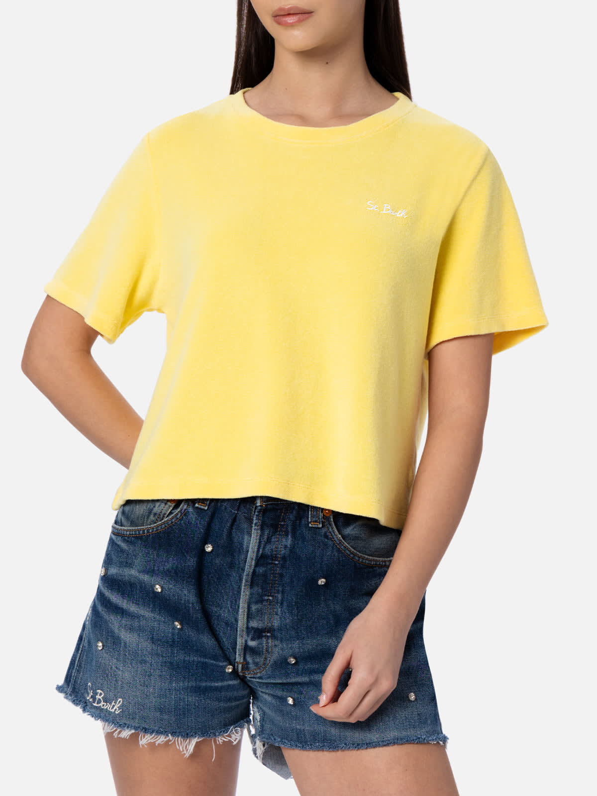 Mc2 Saint Barth Woman Pale Yellow Terry Cotton Crewneck T-shirt Emilie In Yellow