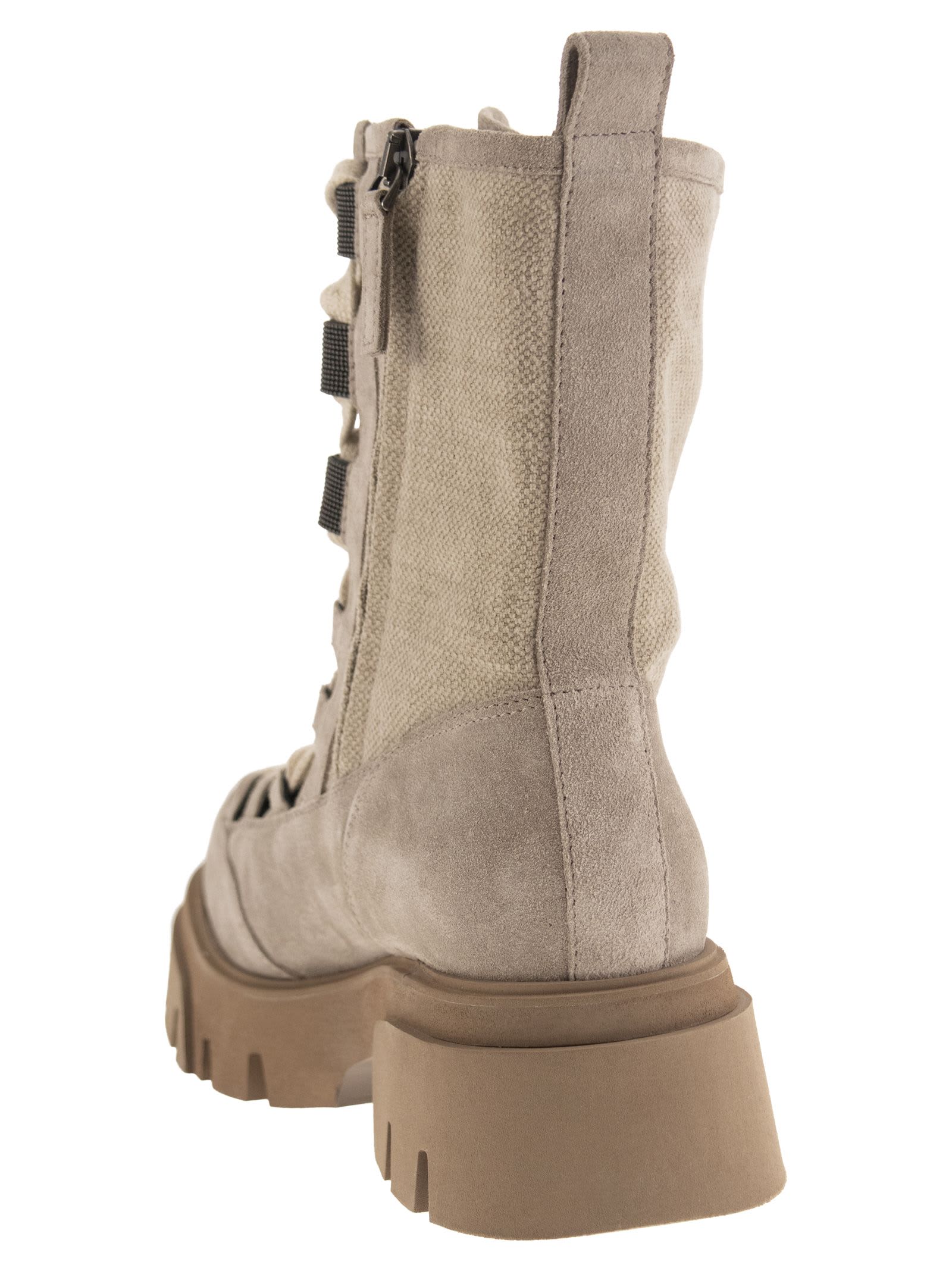 BRUNELLO CUCINELLI SUEDE AND CANVAS BOOTS WITH PRECIOUS EYELETS