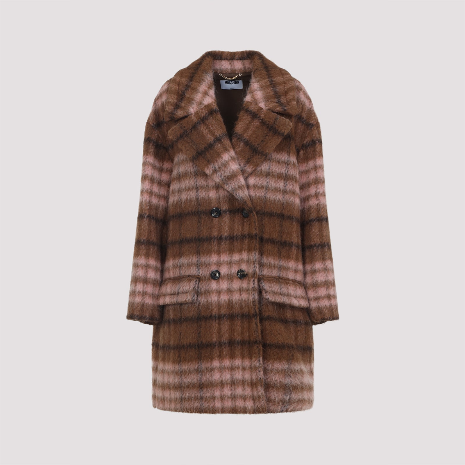 Moschino Plaid Double-breasted Coat Notched Lapels In Brown