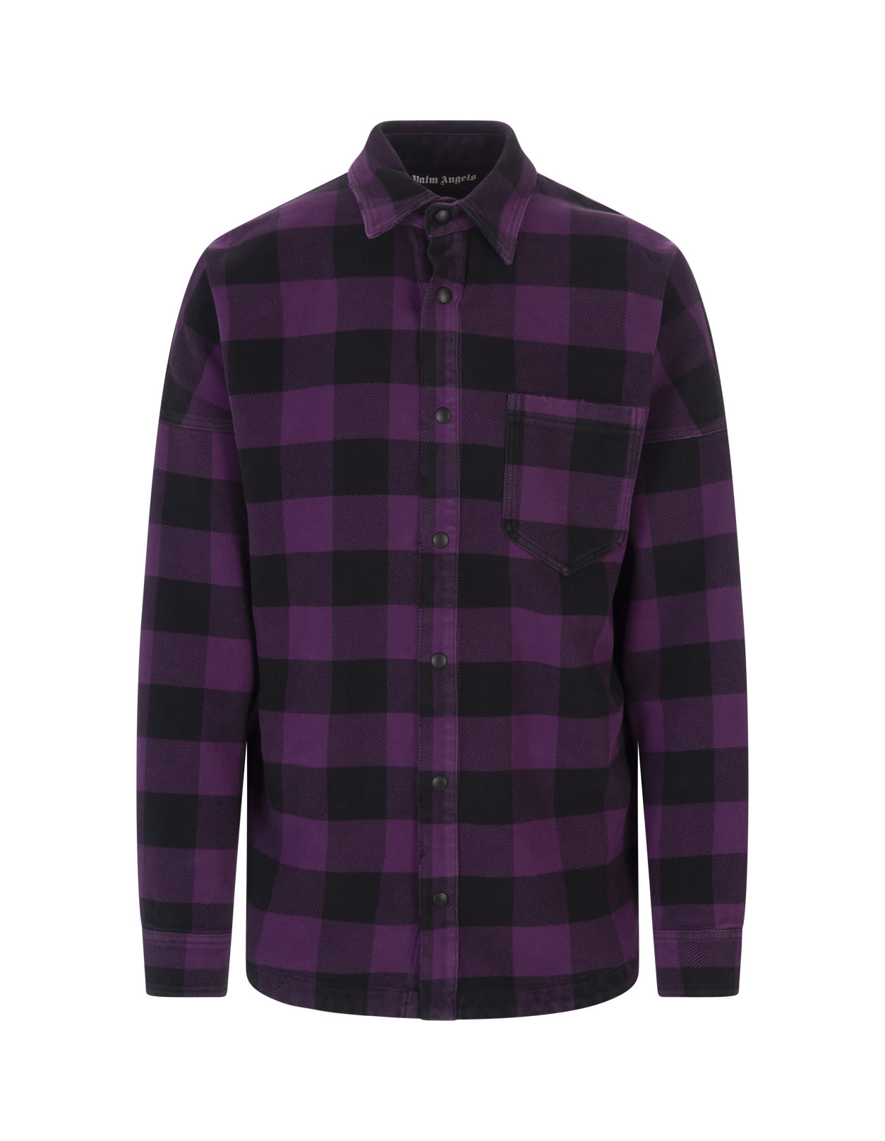 Palm Angels Man Oversize Shirt In Purple And Black Checked Cotton With Logo