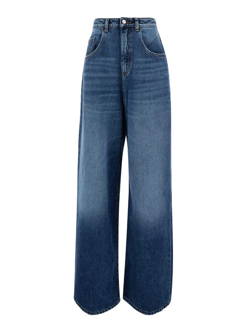 Blue High Waisted Wide Jeans In Cotton Denim Woman