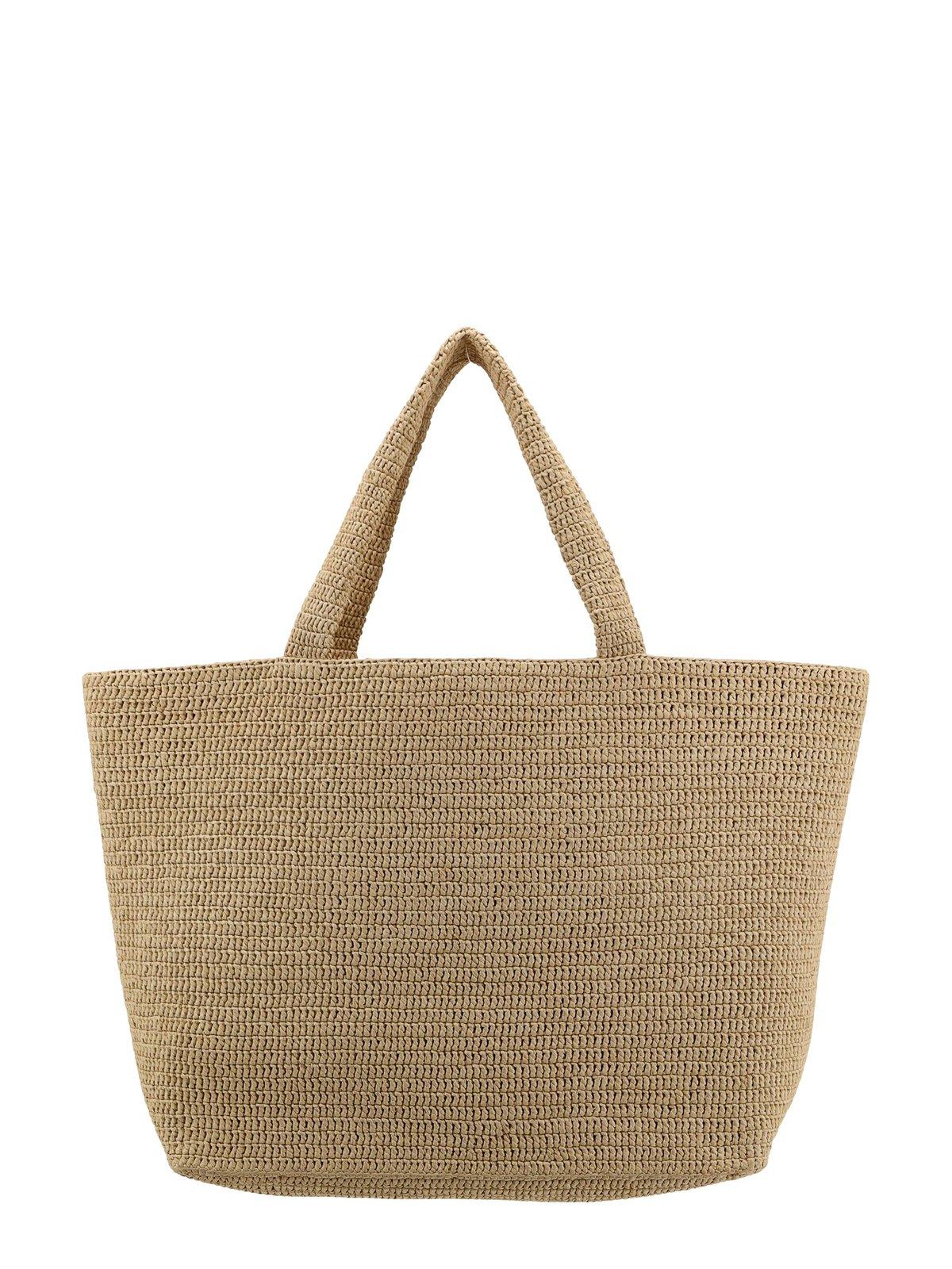 Shop Saint Laurent Large Logo Embroidered Raffia Tote Bag In Naturale