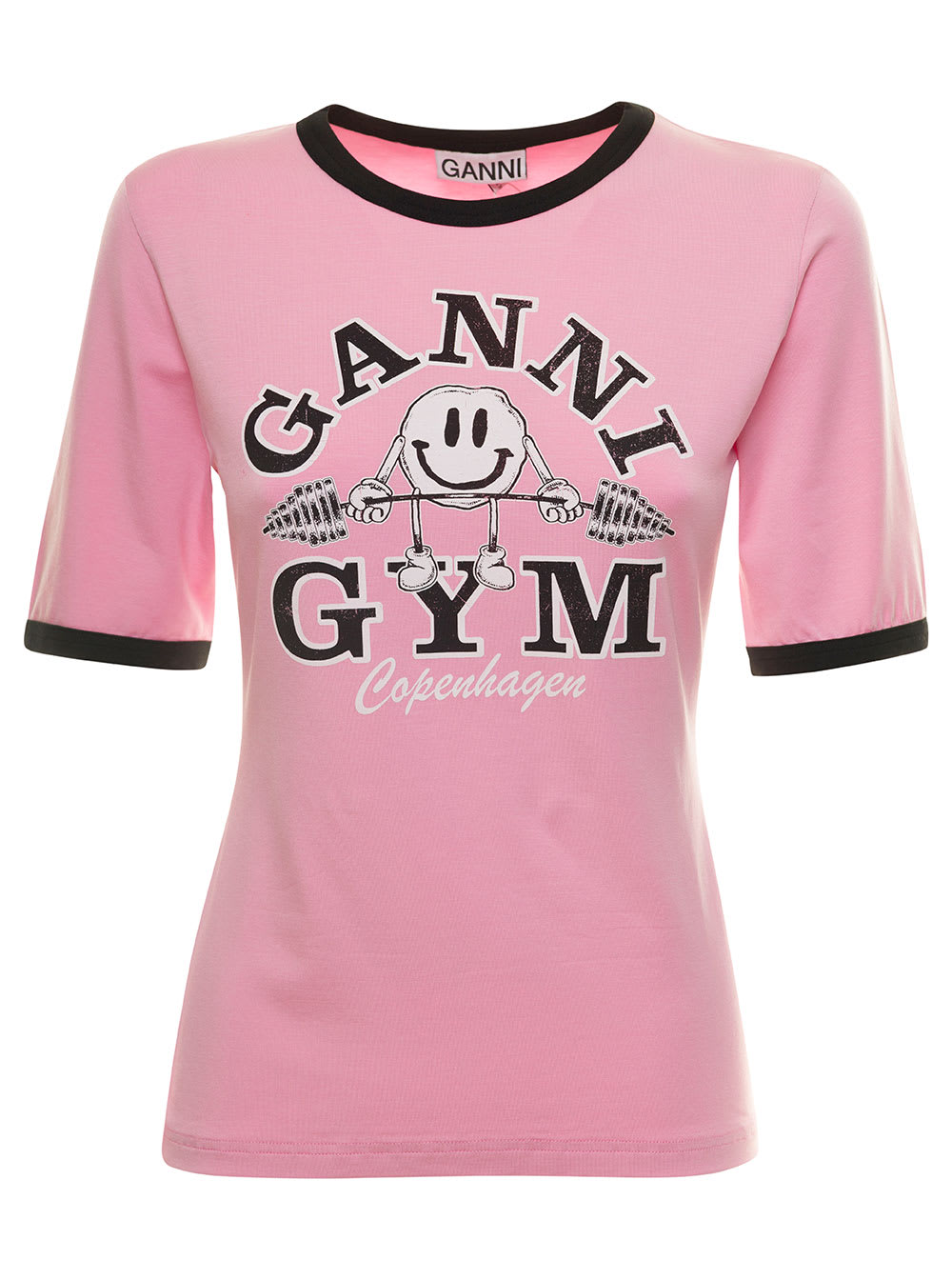 GANNI PINK CREWNECK T-SHIRT WITH LOGO PRINT AND CONTRASTING TRIM IN COTTON WOMAN