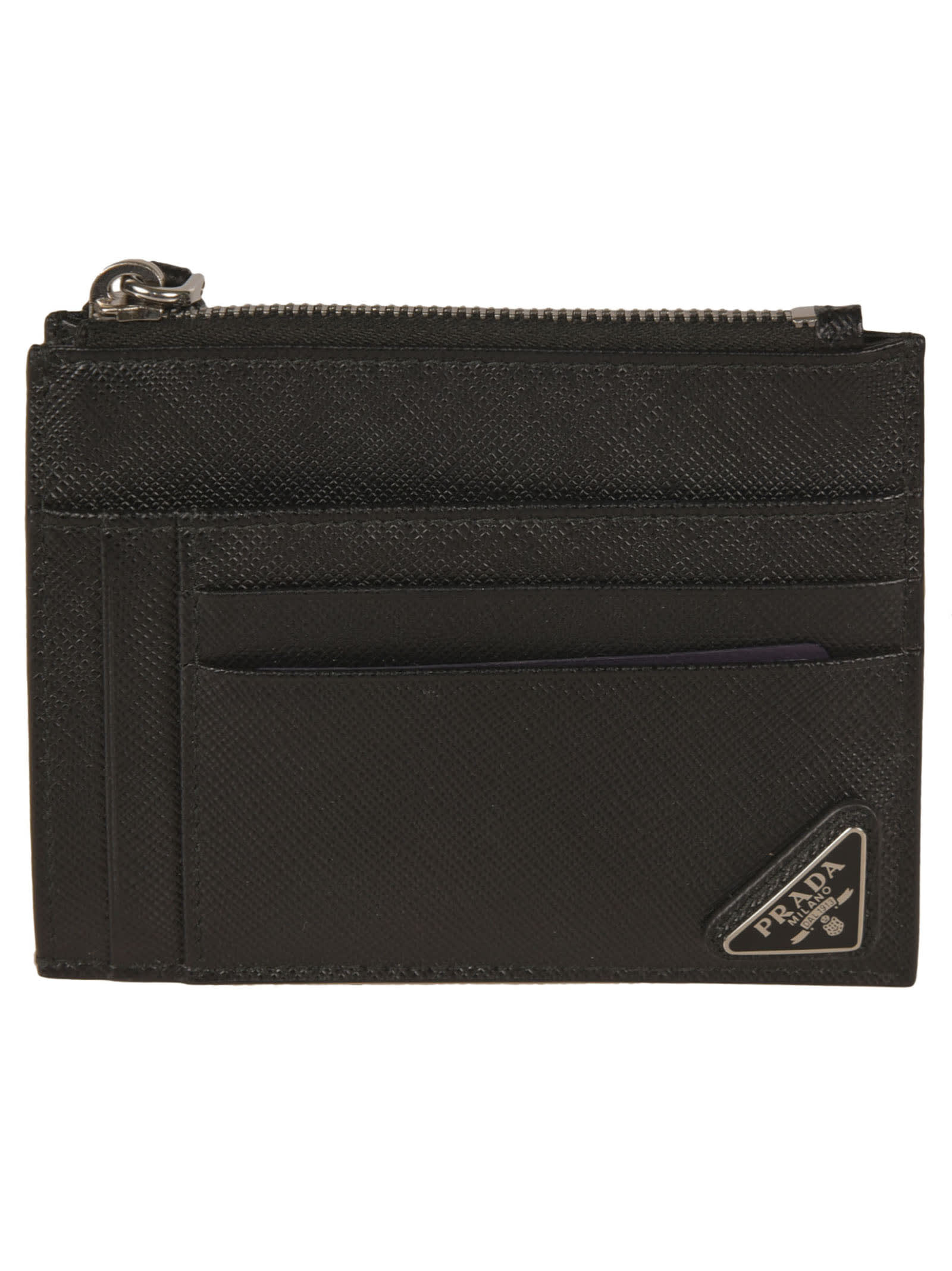 Prada Logo Plaque Zip Card Holder In Black