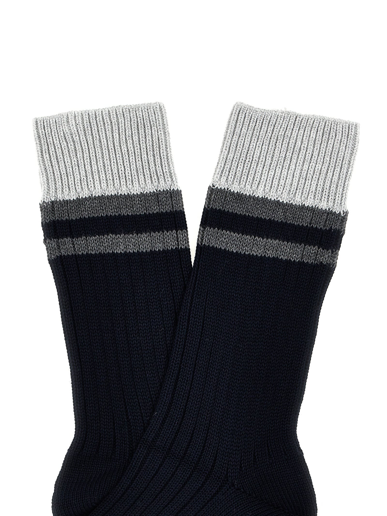 Brunello Cucinelli Striped Cotton Socks In Blue