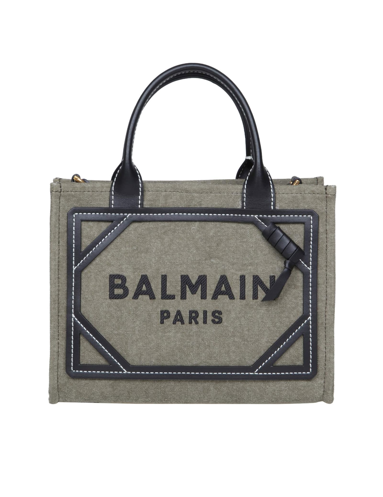 Shop Balmain B-army Shopper Bag In Canvas With Logo In Kaki/noir