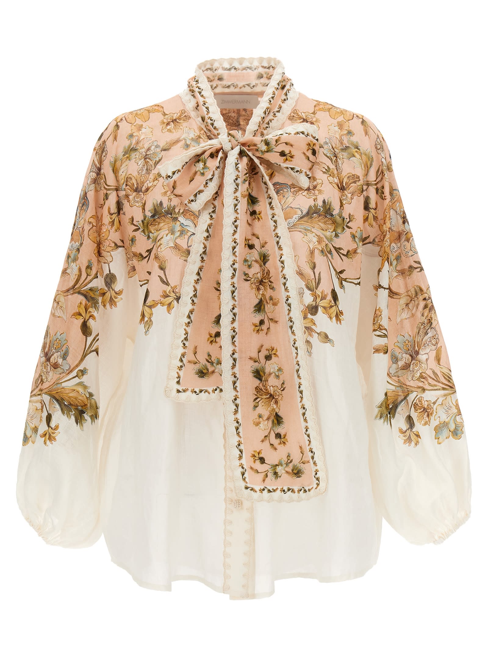 Zimmermann Chintz Embroidered Pussy-bow Floral-print Ramie Blouse In Pink Daisy