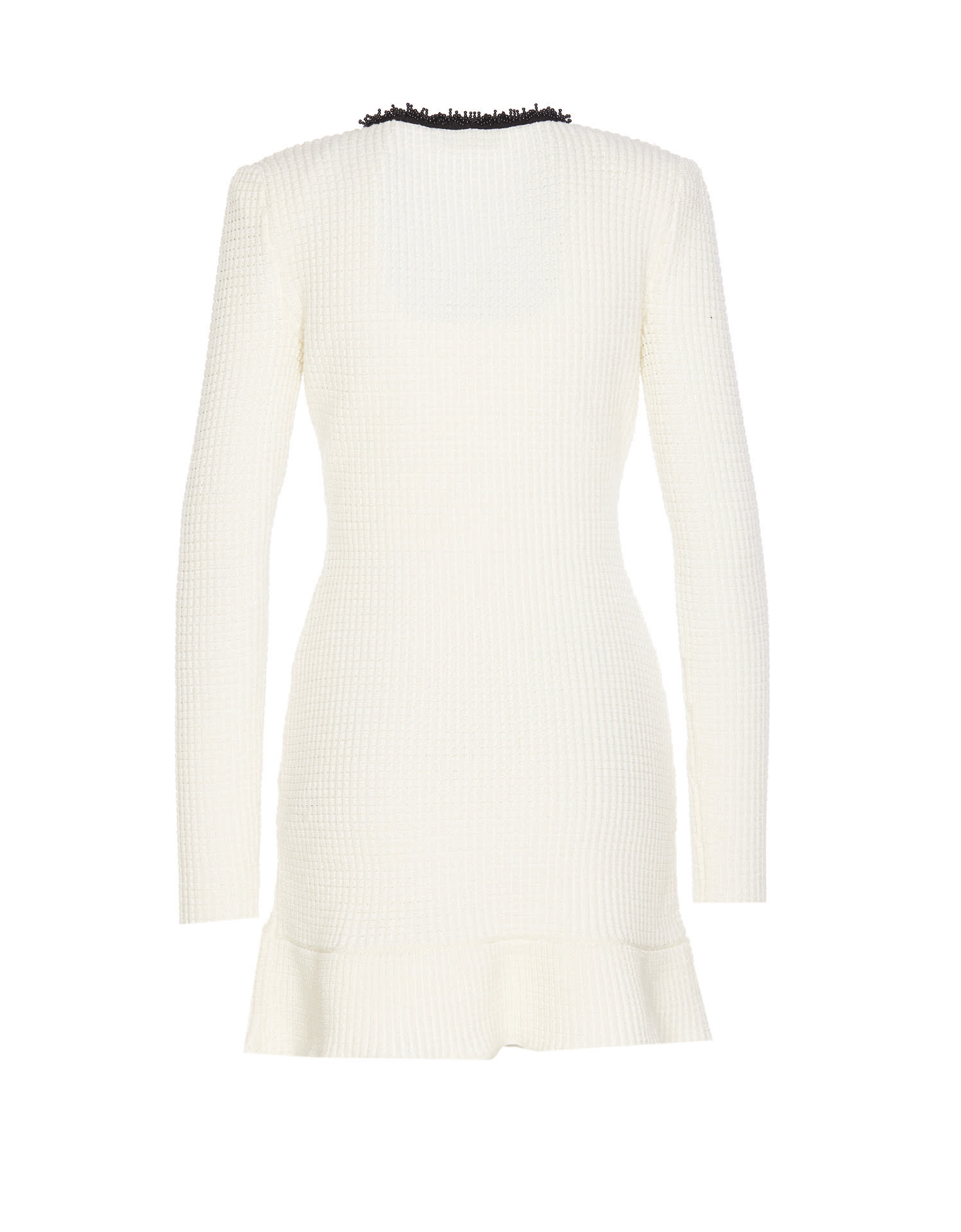 Self-portrait Textured White Dress With Beaded V-neckline In White