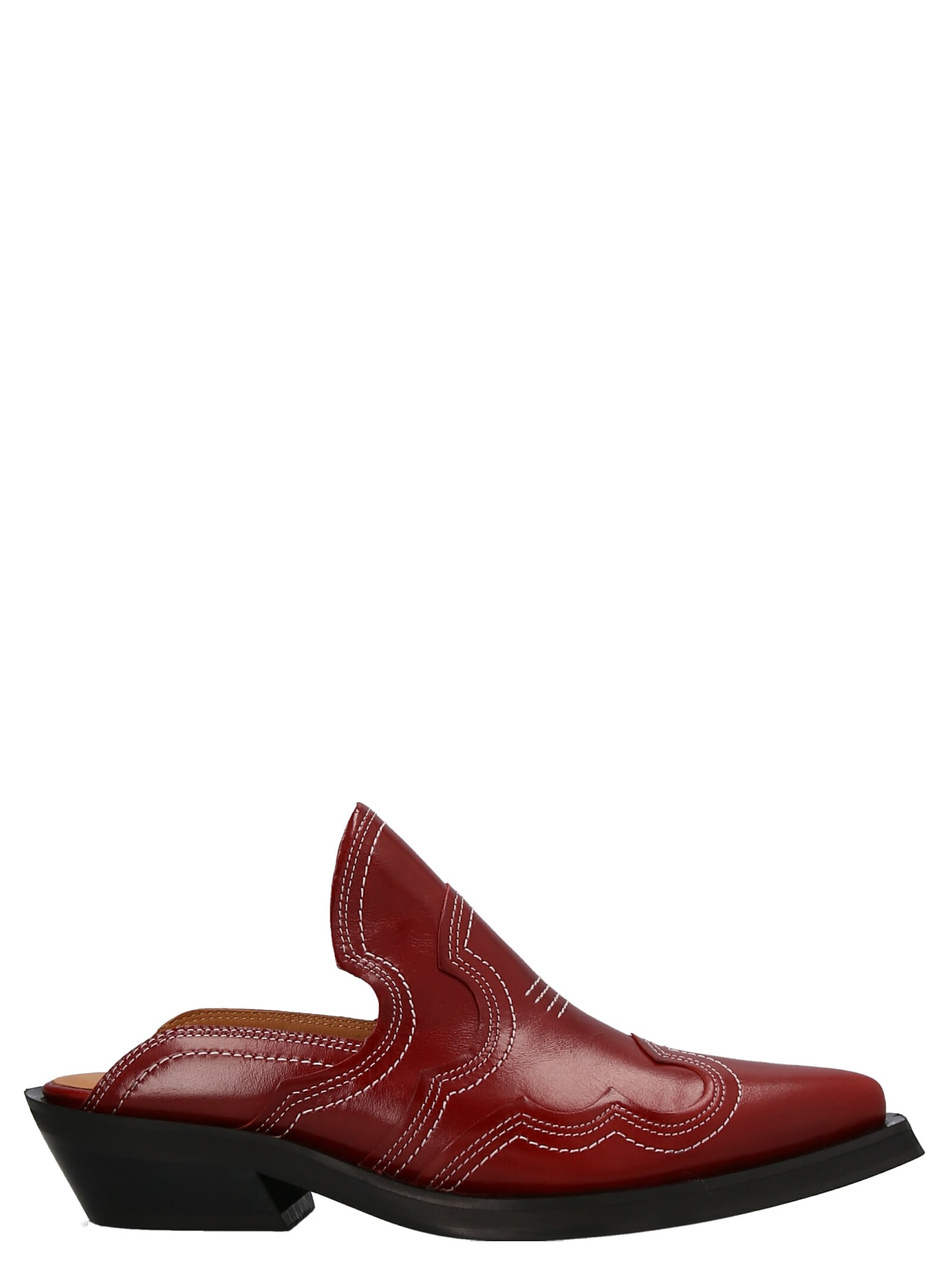 Ganni Embroidered Western Mules In Red