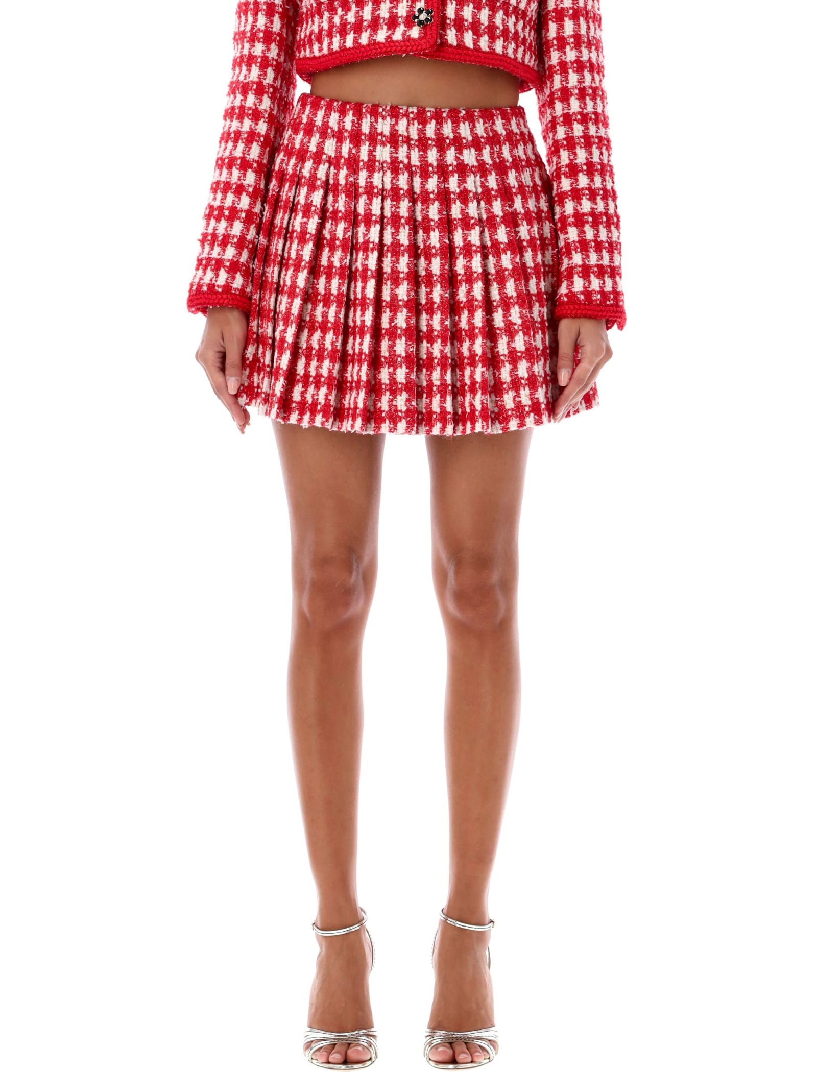 self-portrait Red Check Bouclé Pleated Mini Skirt