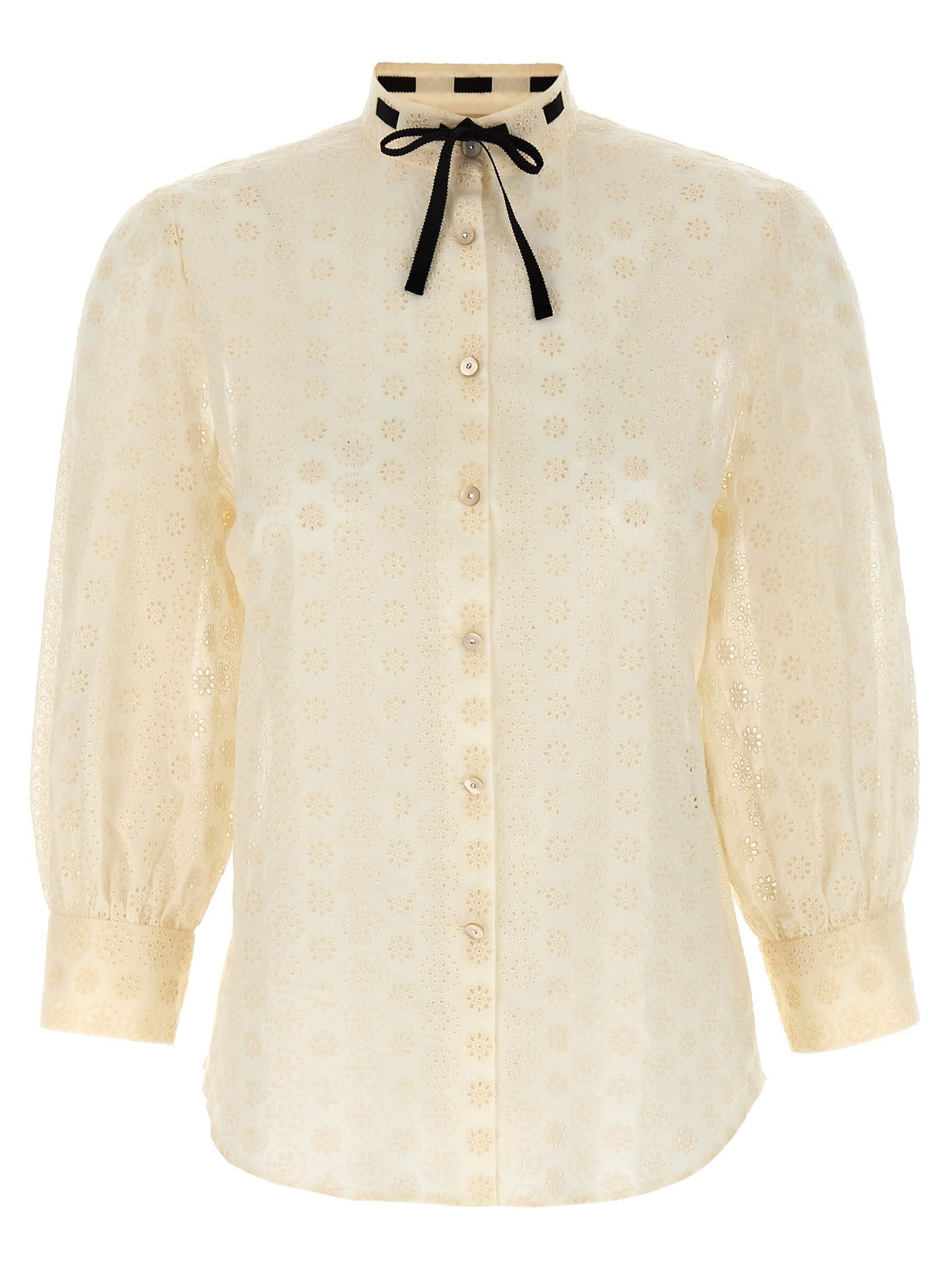 Valentino Daisy Polka-dot Sangallo Button-down Shirt In Neutral