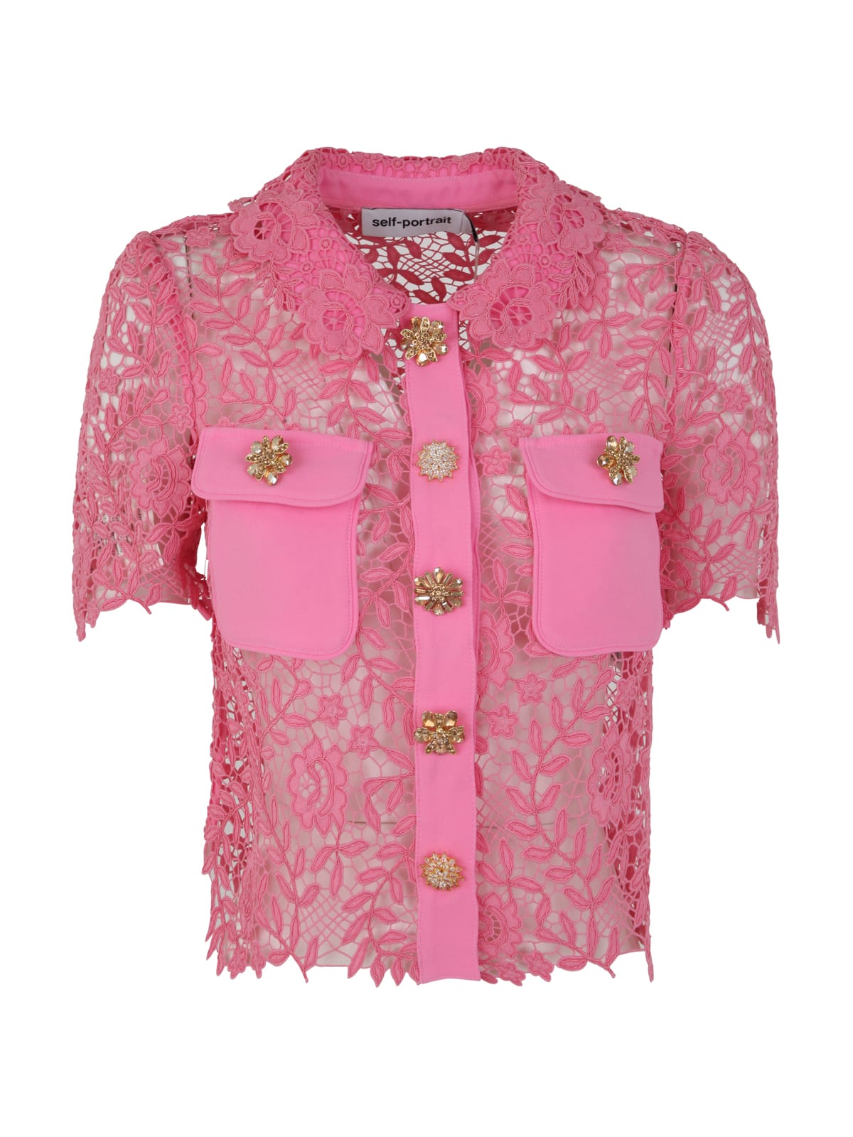 Self-portrait Embellished Crepe-trimmed Guipure Lace Shirt In Pink