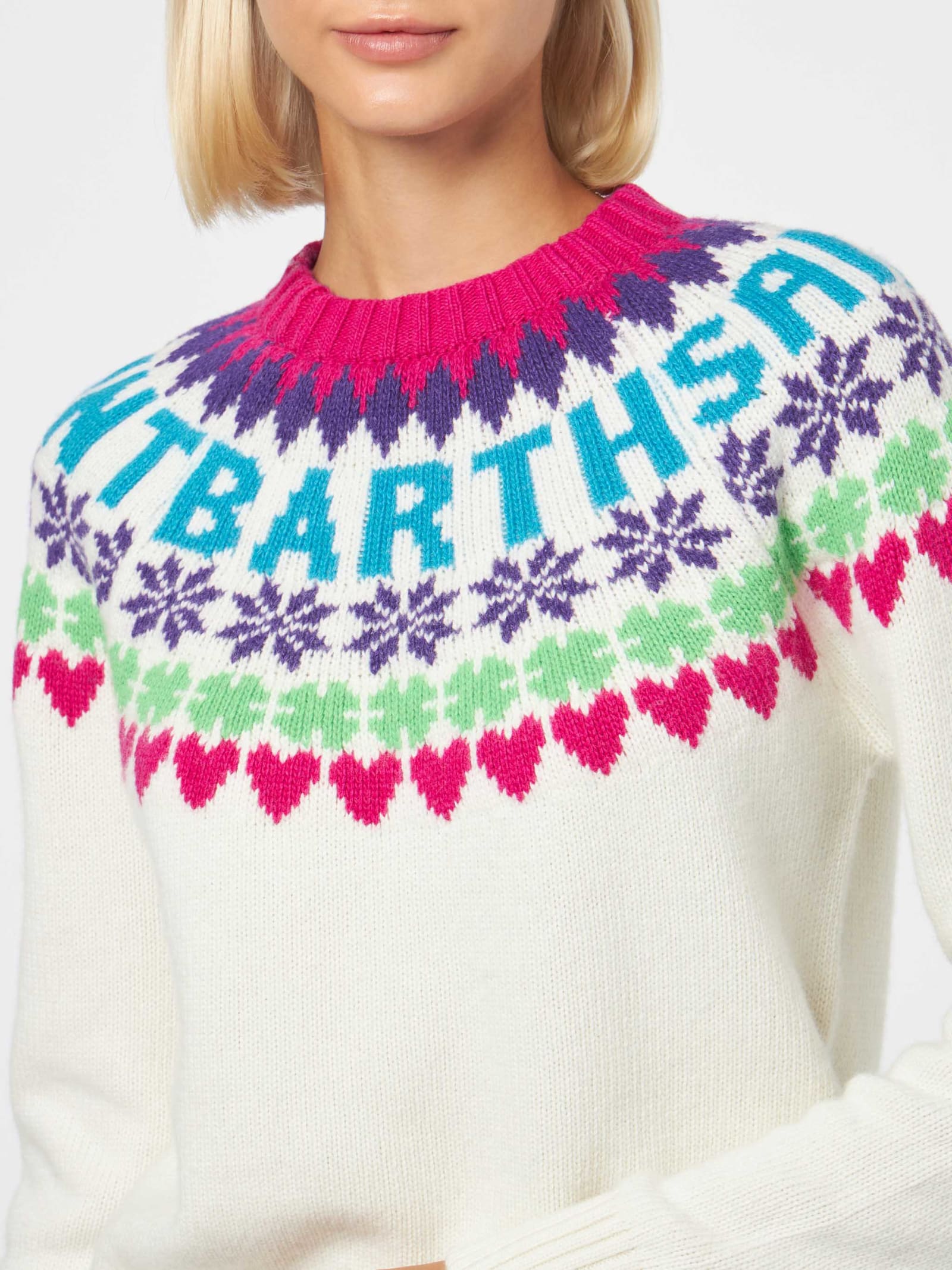 Shop Mc2 Saint Barth Woman Crewneck White Sweater With Fair Isle Heart Print