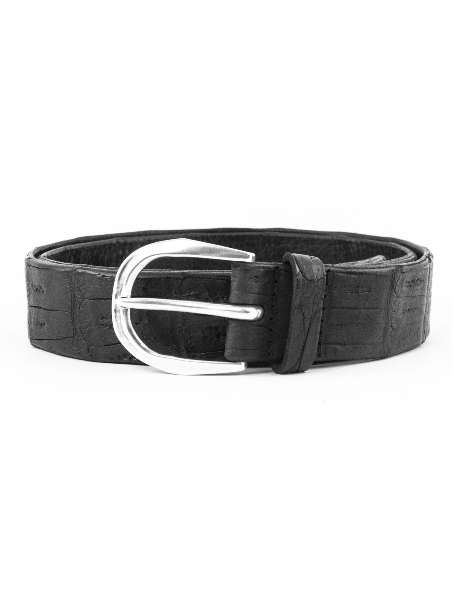 Orciani Black Classic Crocodile Leather Belt With English Silver Finish Buckle, H3,5cm