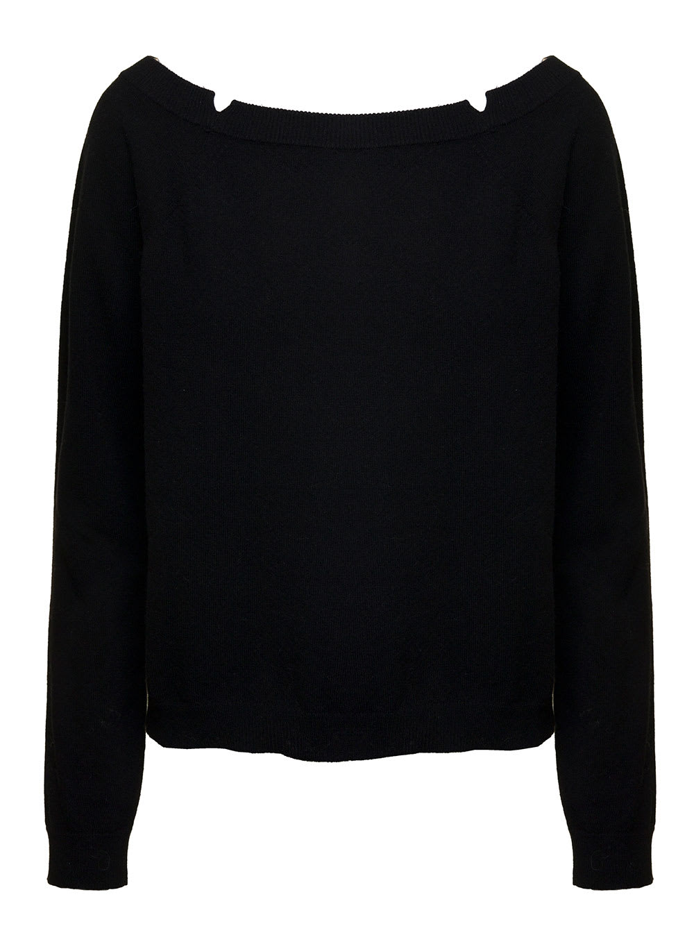 SEMICOUTURE BLACK SWEATER WITH BOAT NECKLINE AND CUT-OUT IN WOOL AND CASHMERE WOMAN