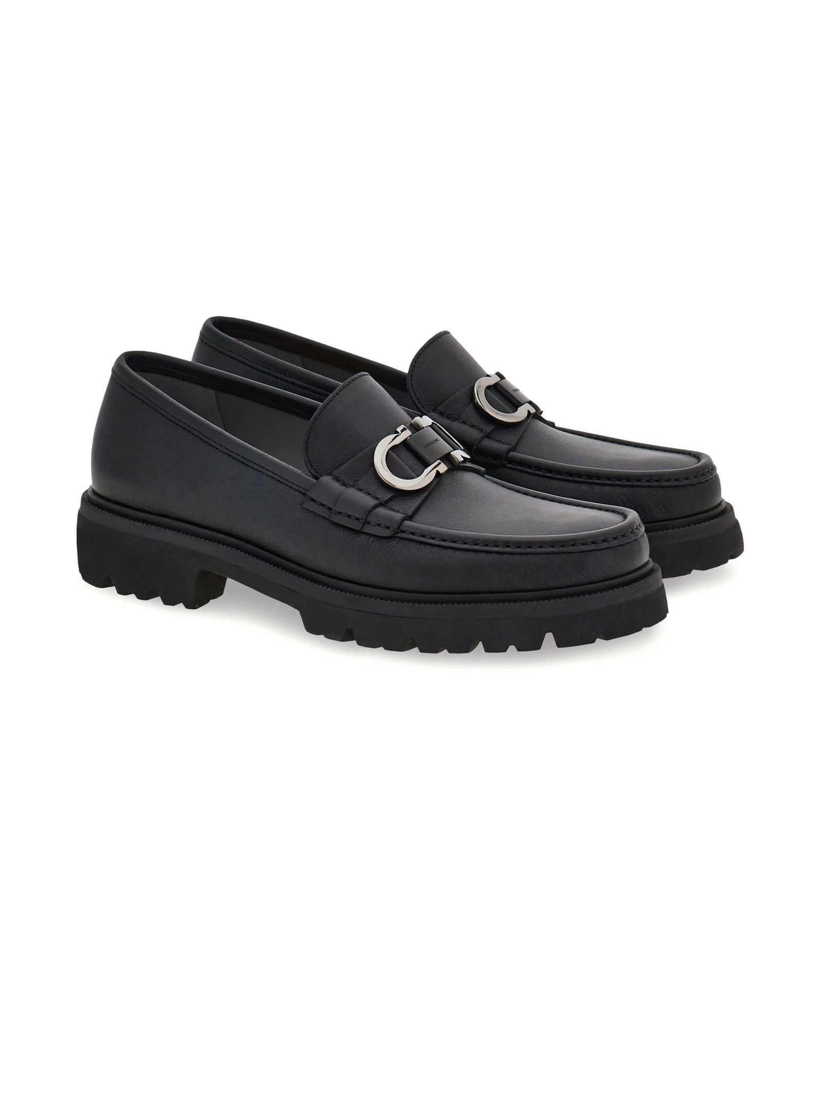 Shop Ferragamo Black Calf Leather Loafers