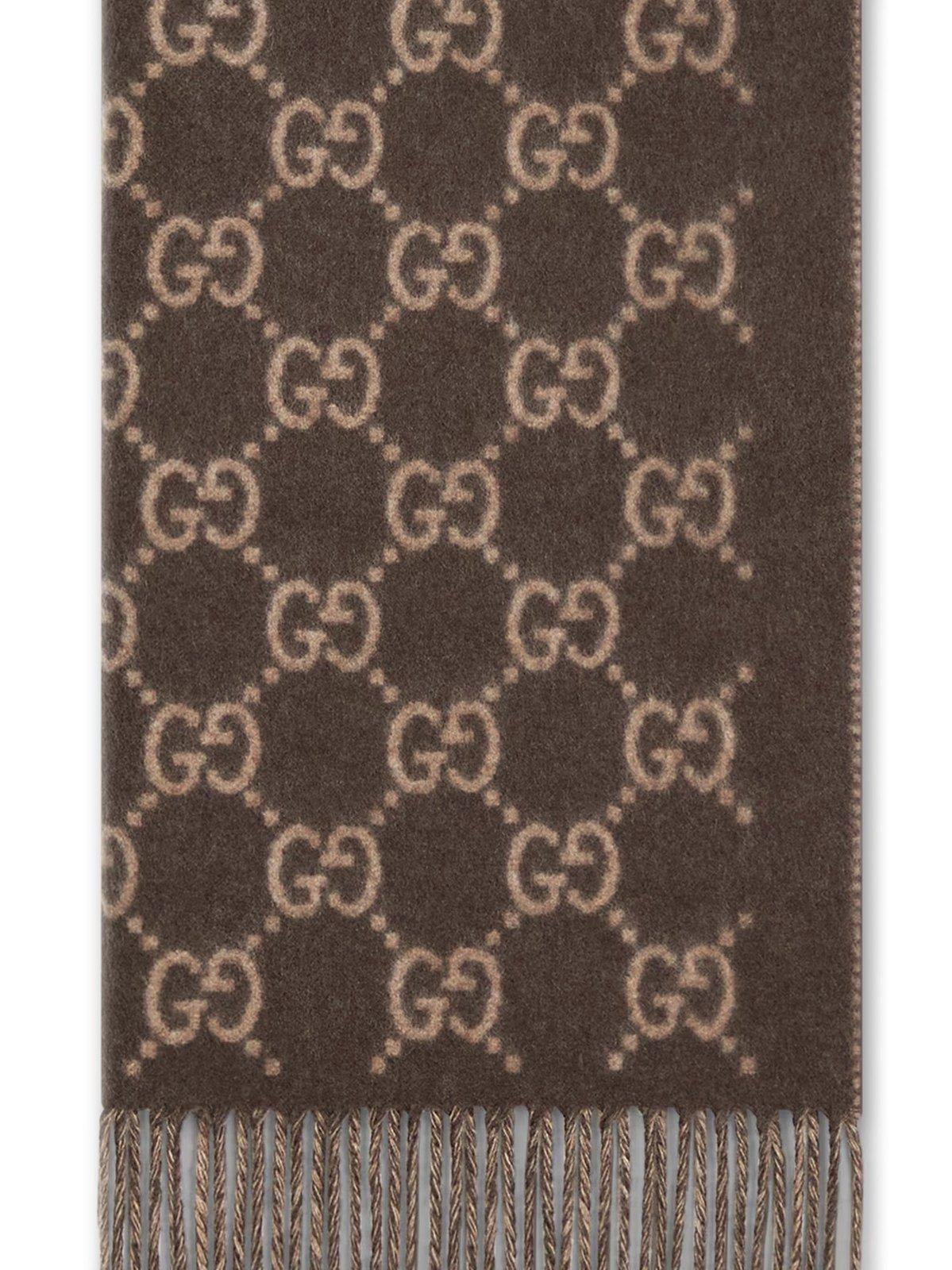 Gucci Monogrammed Fringed Scarf In Brown