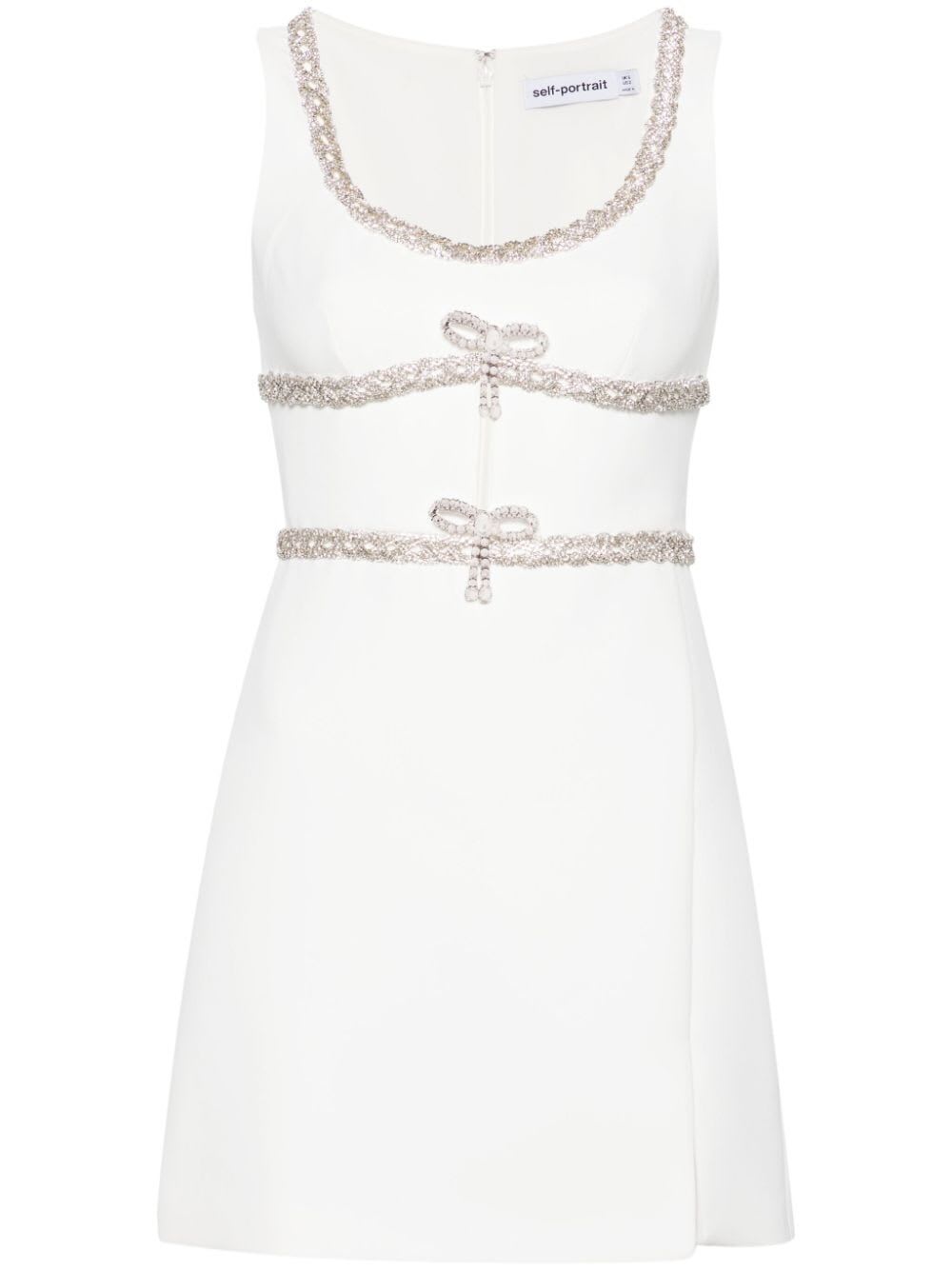 Shop Self-portrait White Diamante Bow Trim Mini Dress In W White