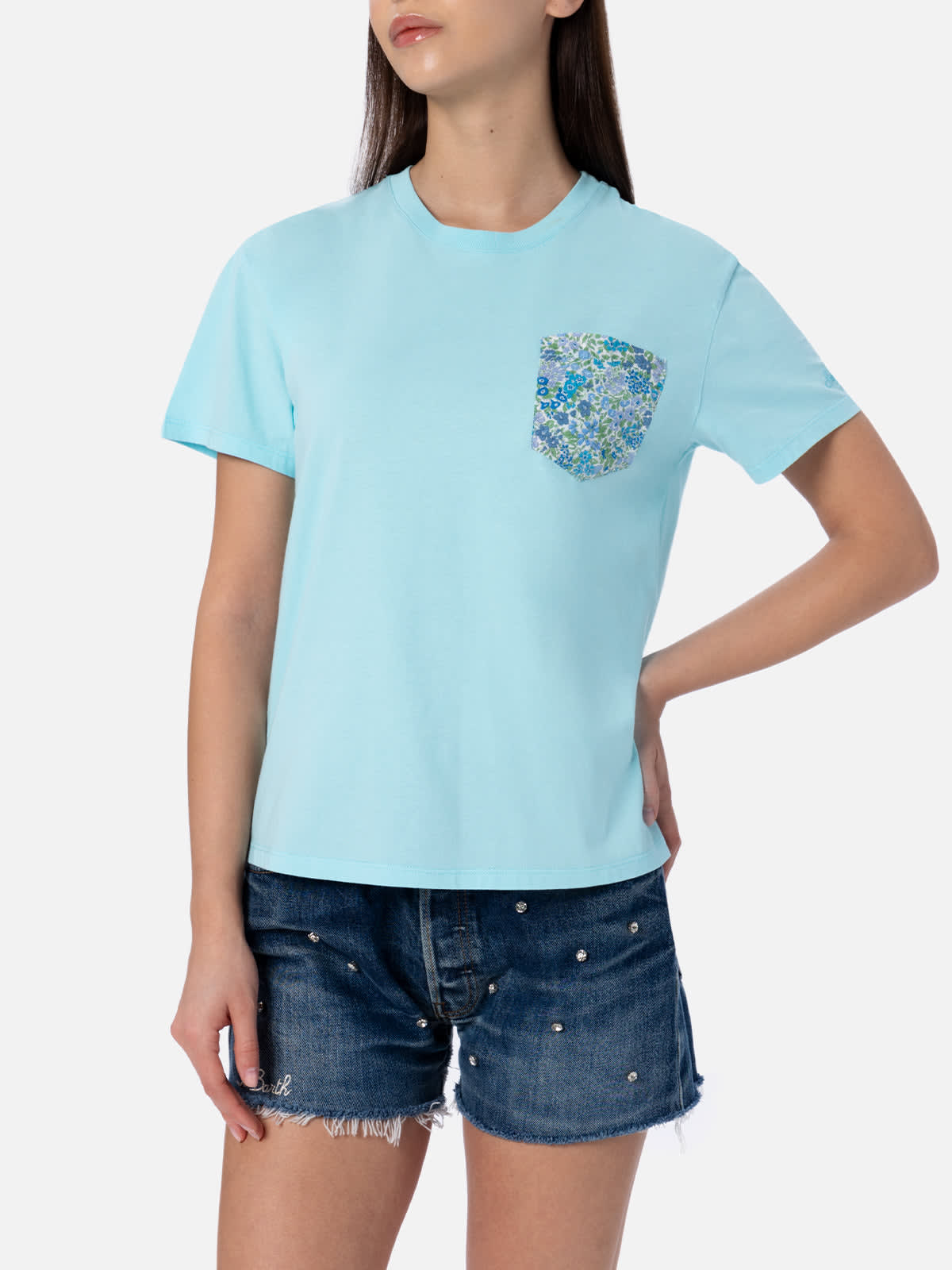 Mc2 Saint Barth Woman Cotton Jersey Crewneck T-shirt Emilie Joanna Luise Patch Pocket Made With Liberty Fabric In Green