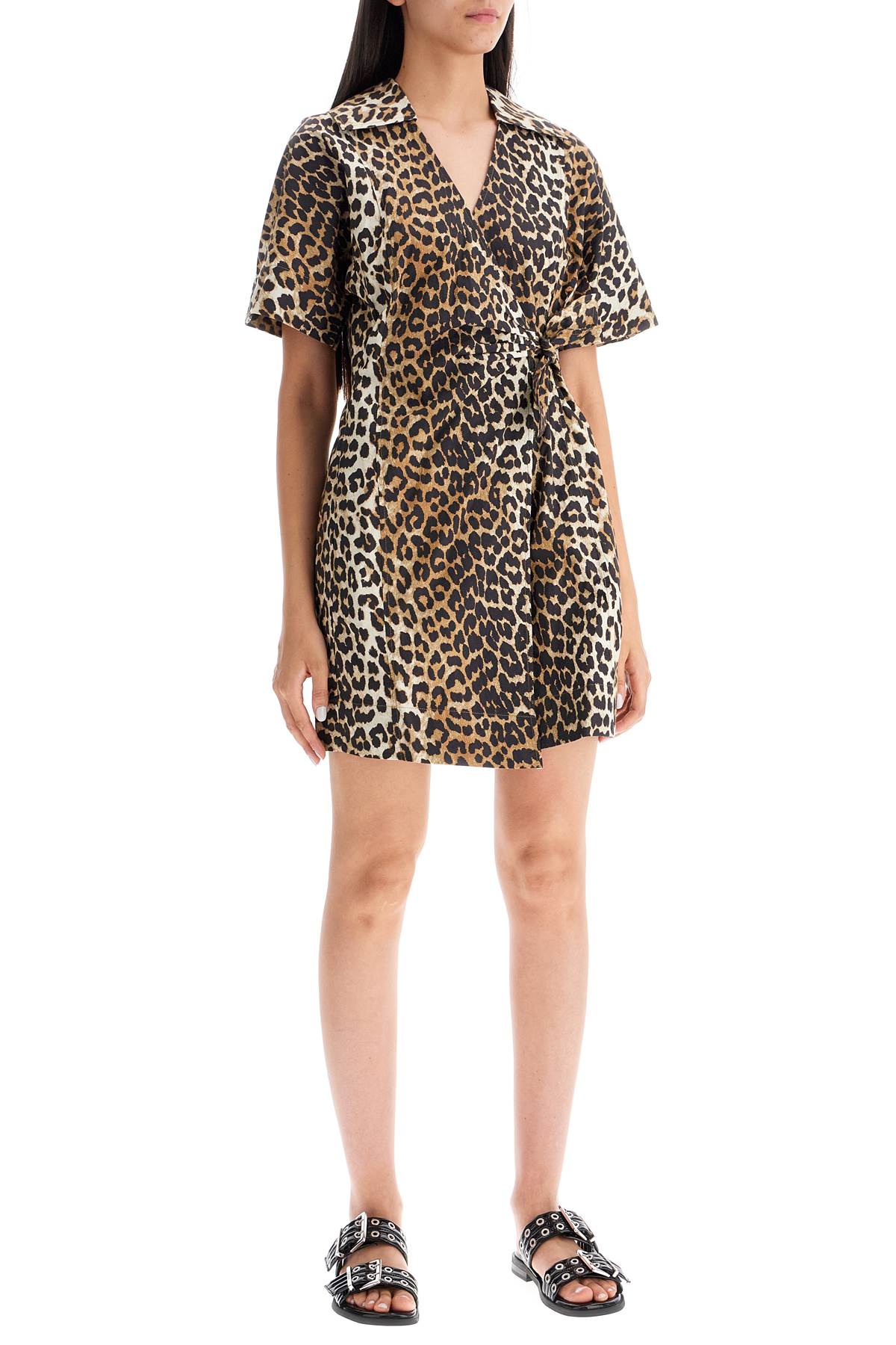 Shop Ganni Animal Print Poplin Wrap Mini Dress In Brown