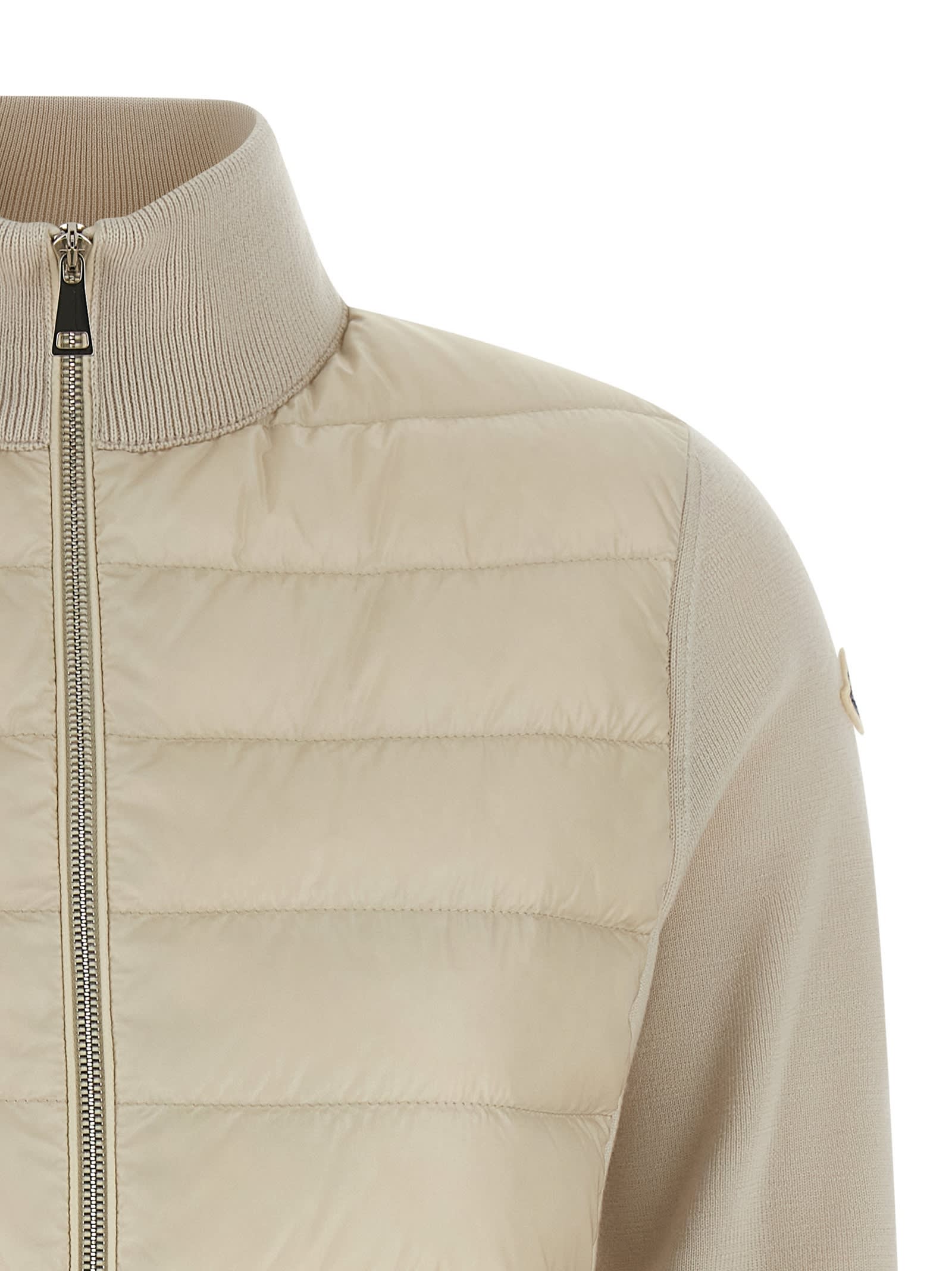 Moncler Quilted High Neck Two-material Cardigan With Feather Padding In Neutral