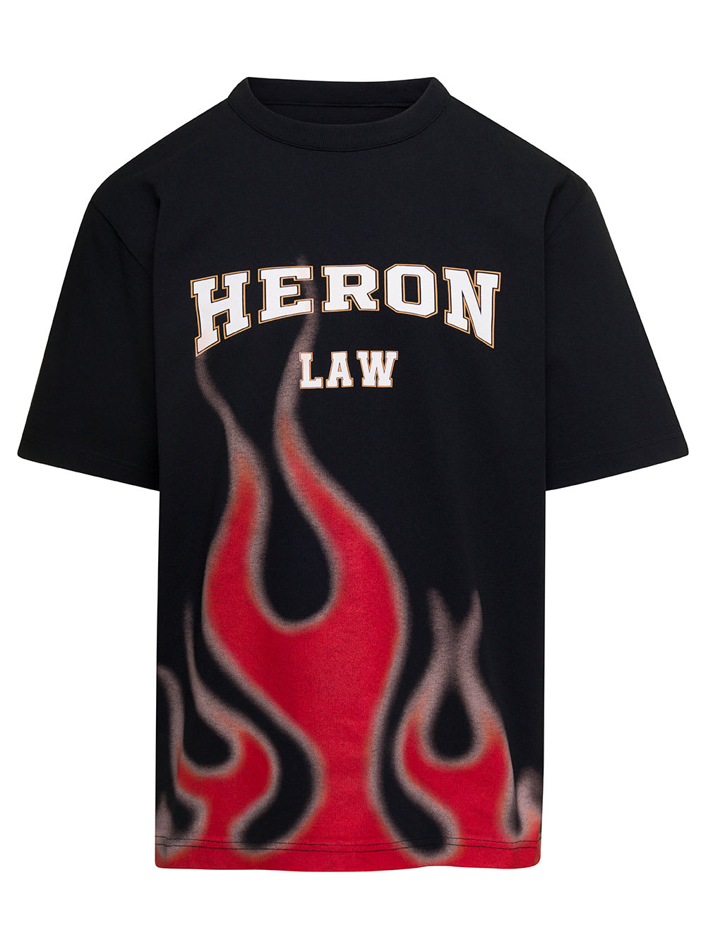 HERON PRESTON Black Crewneck T-shirt With Logo And Flame Print In Cotton Man